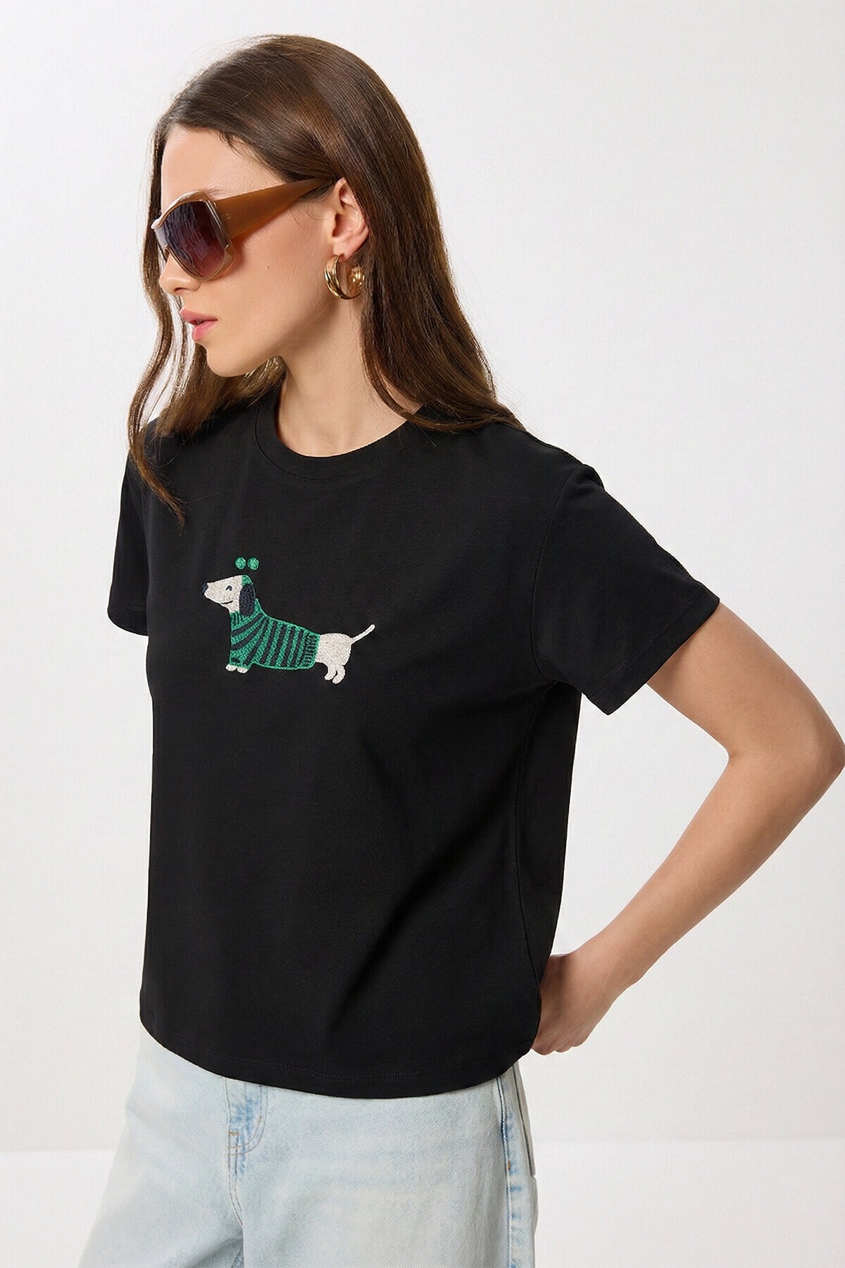Armalı Nakışlı Pamuklu Örme T-shirt SİYAH LCR0115