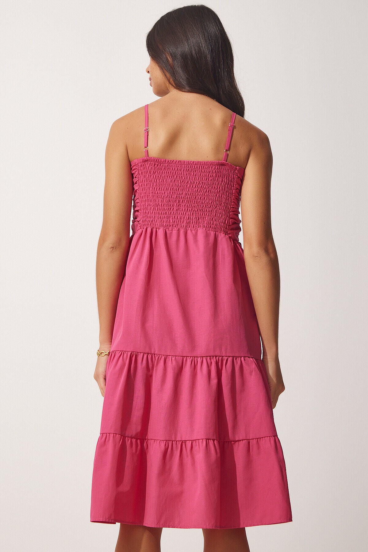 Askılı Volanlı Yazlık Poplin Elbise KOYU PEMBE LDD0077