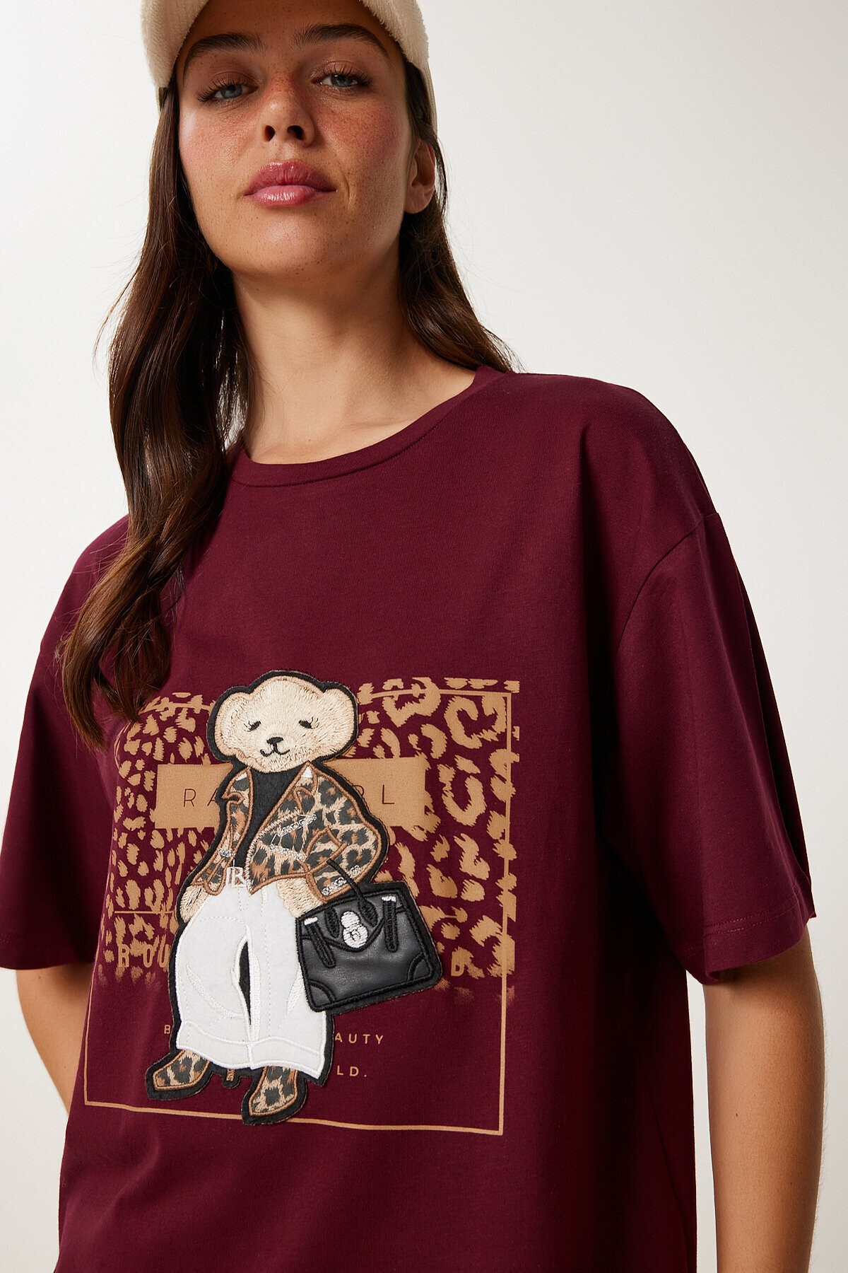 Ayıcık Armalı Pamuklu Oversize Örme T-shirt BORDO LCR0038