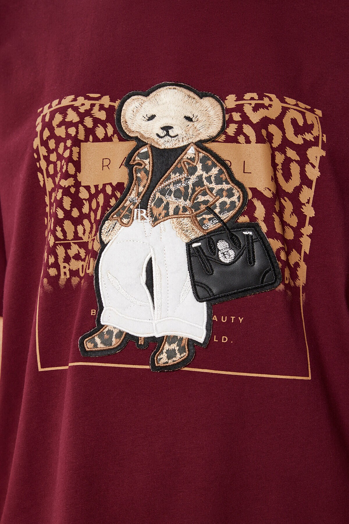 Ayıcık Armalı Pamuklu Oversize Örme T-shirt BORDO LCR0038
