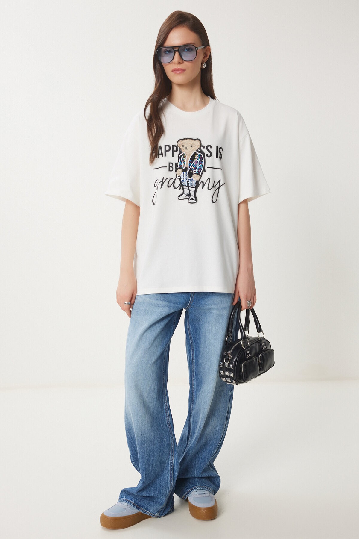 Ayıcık Armalı Pamuklu Oversize Örme T-shirt EKRU LCR0035