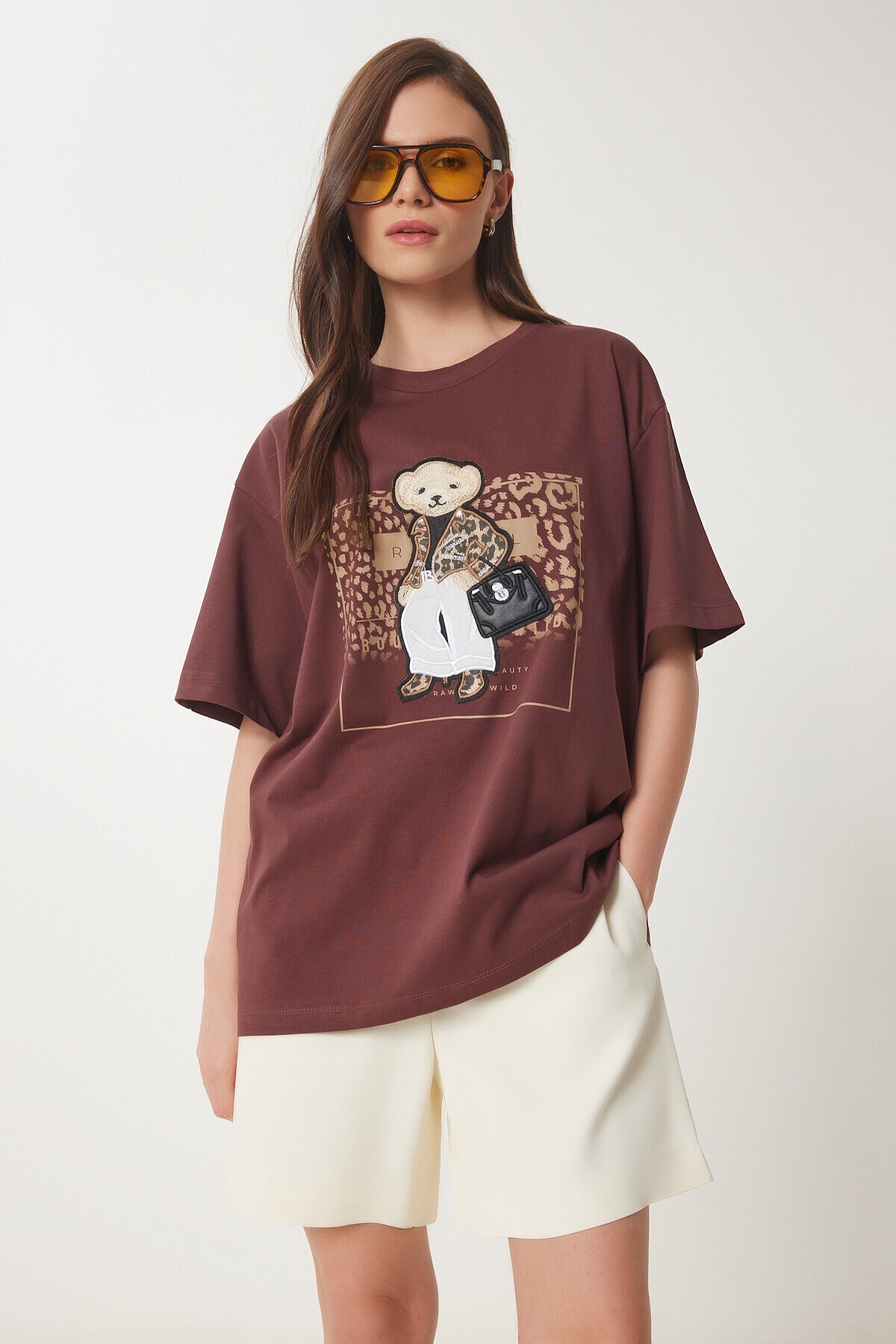 Ayıcık Armalı Pamuklu Oversize Örme T-shirt KAHVERENGİ LCR0038