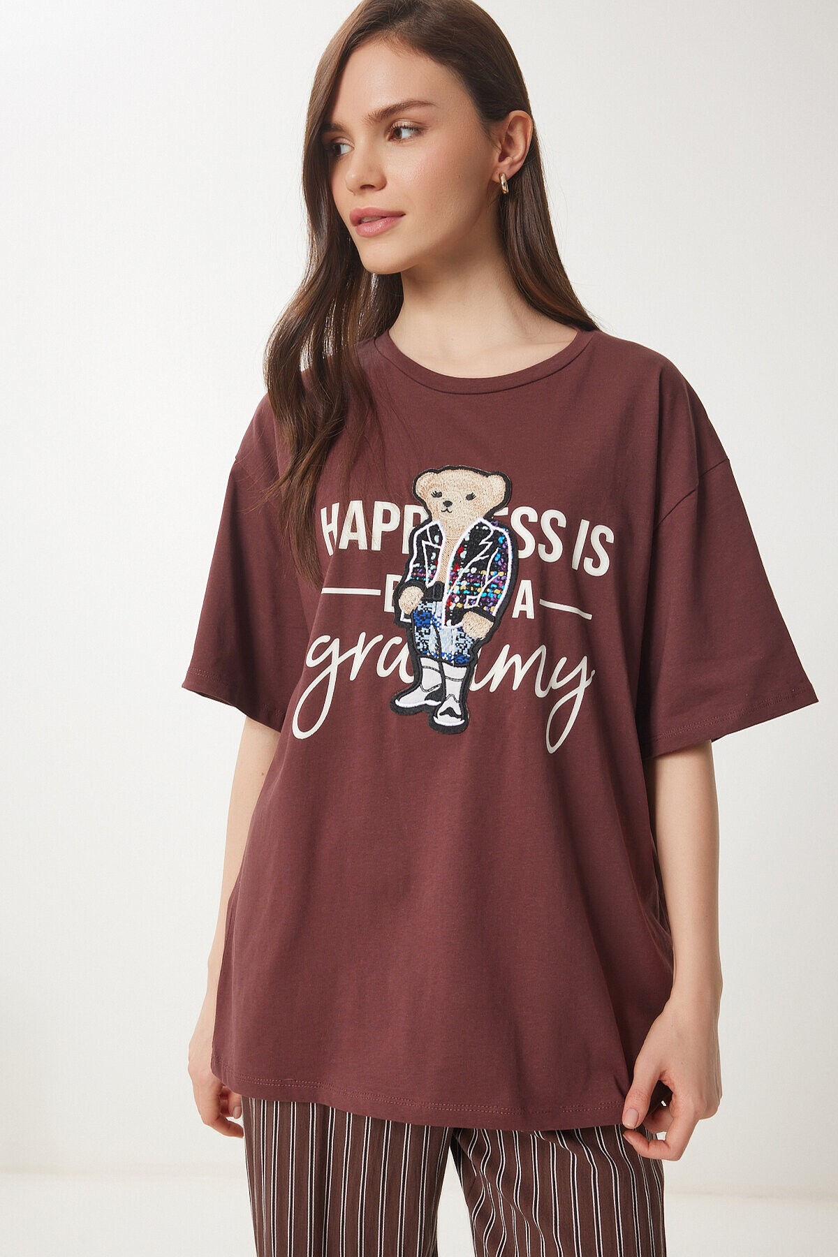 Ayıcık Armalı Pamuklu Oversize Örme T-shirt KAHVERENGİ LCR0035