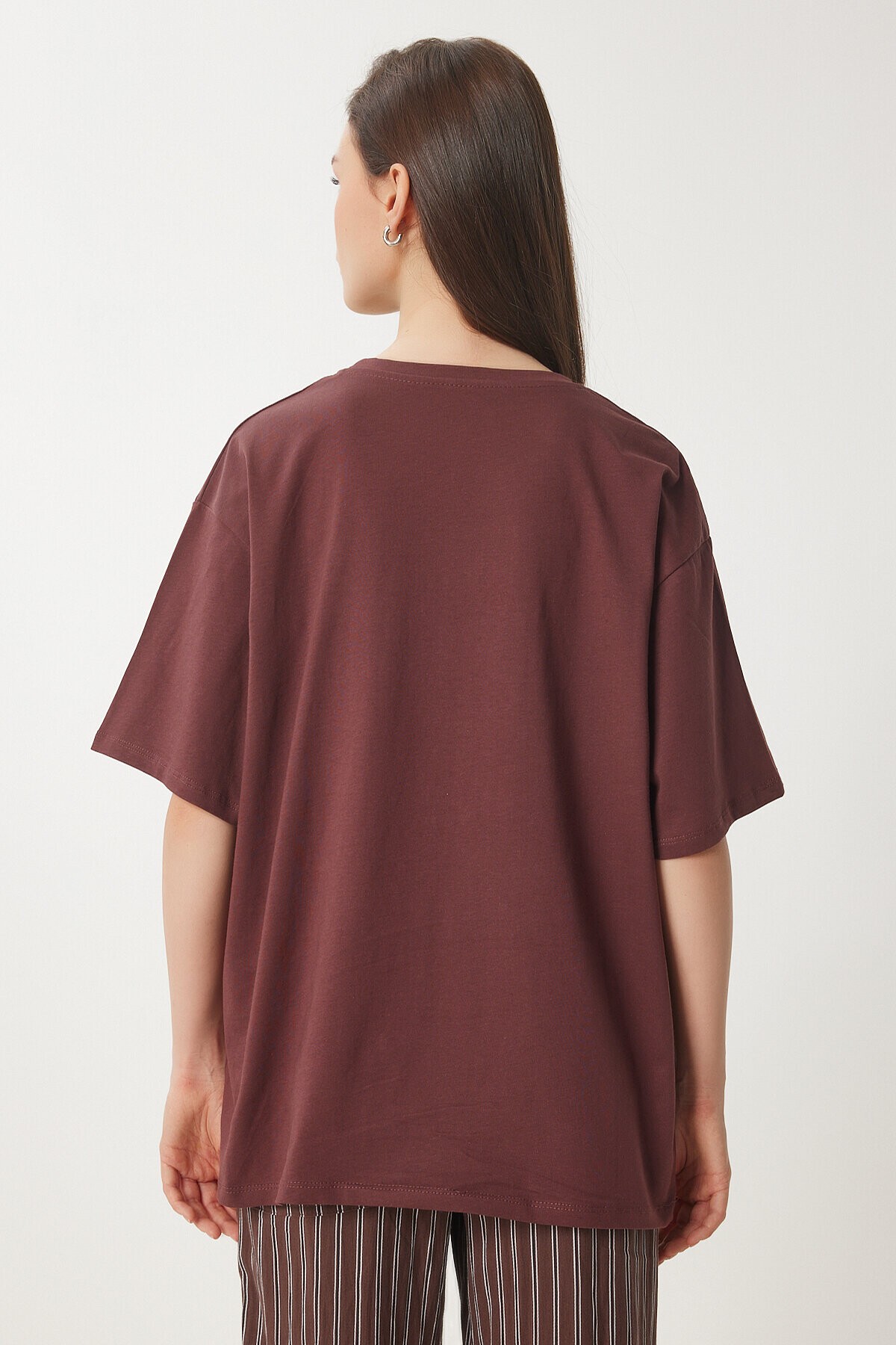 Ayıcık Armalı Pamuklu Oversize Örme T-shirt KAHVERENGİ LCR0035