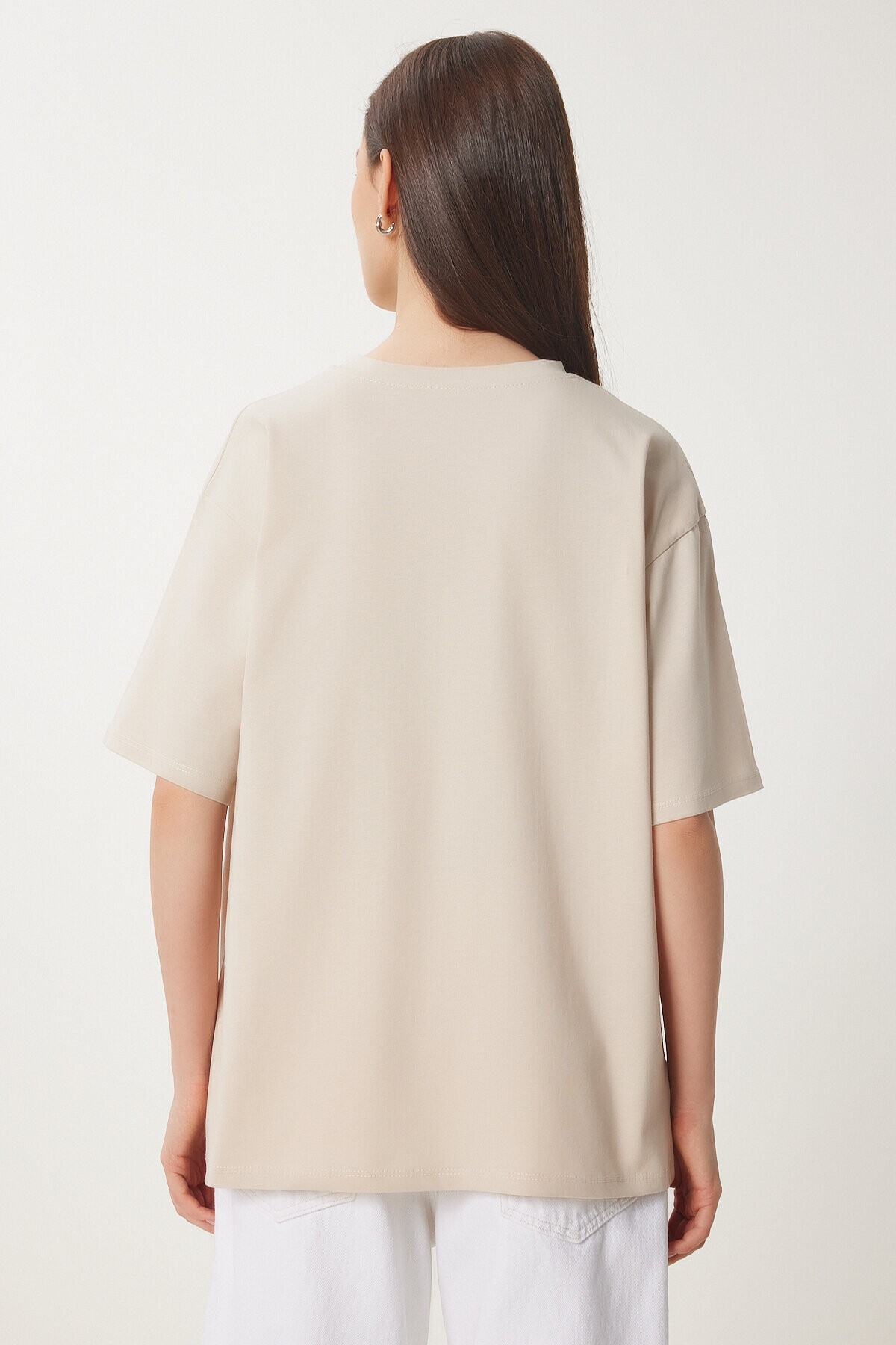 Ayıcık Armalı Pamuklu Oversize Örme T-shirt KREM LCR0035