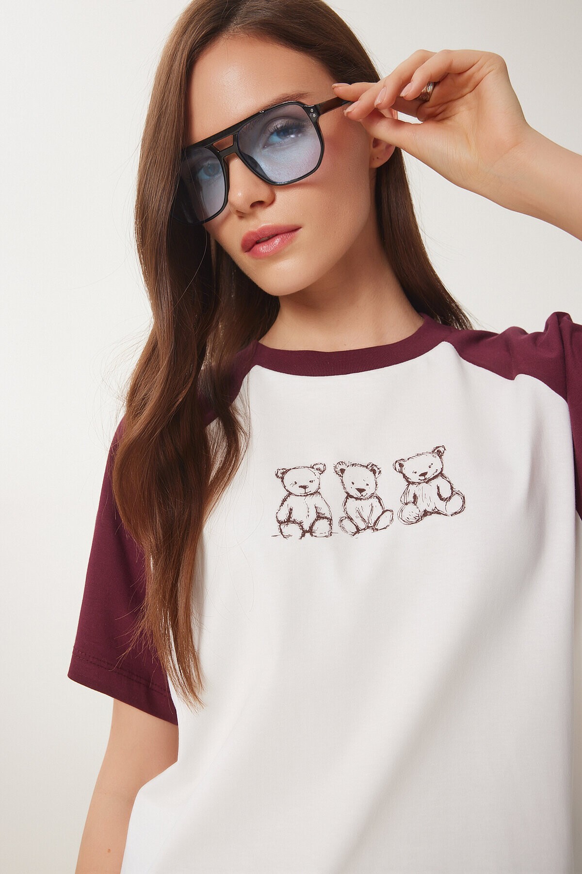 Ayıcık Baskılı Pamuklu Örme T-shirt BORDO KEMİK LCR0055