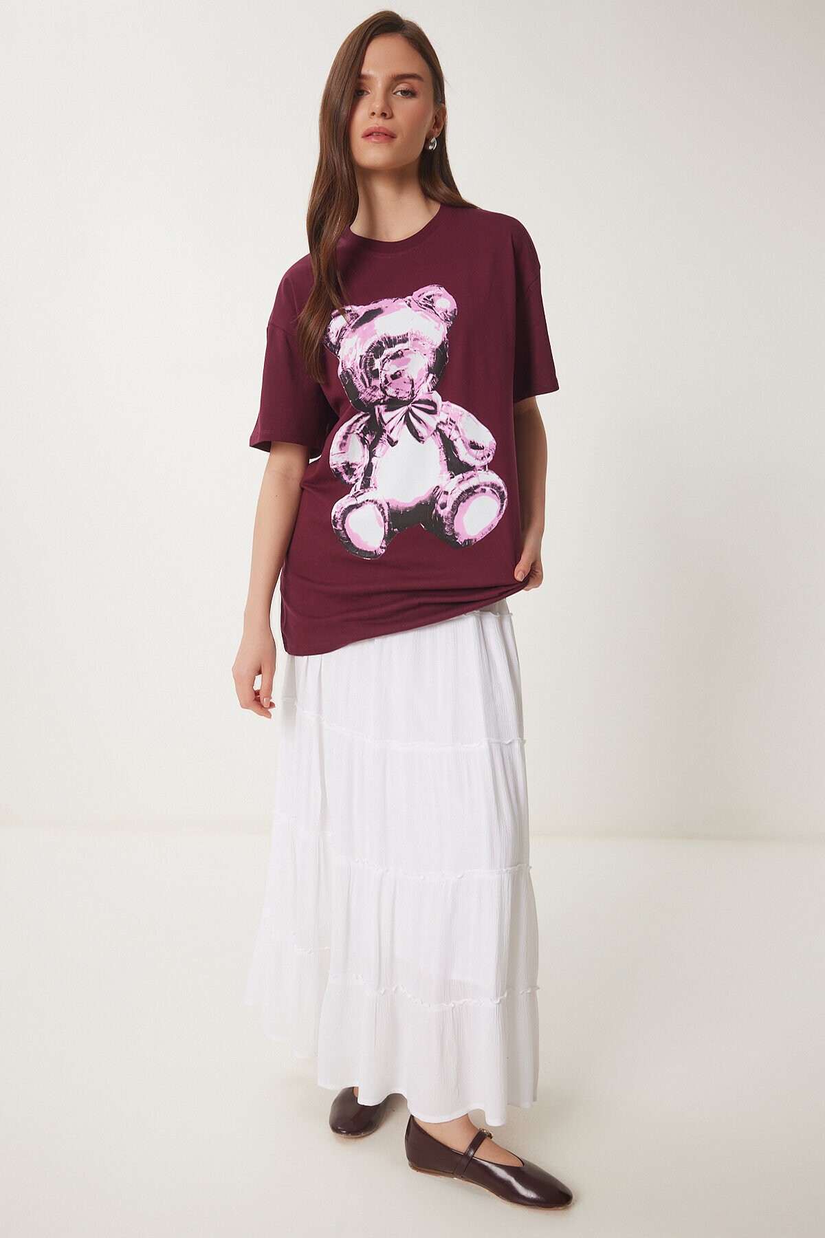 Ayıcık Baskılı Pamuklu Oversize Örme T-shirt BORDO LCR0045