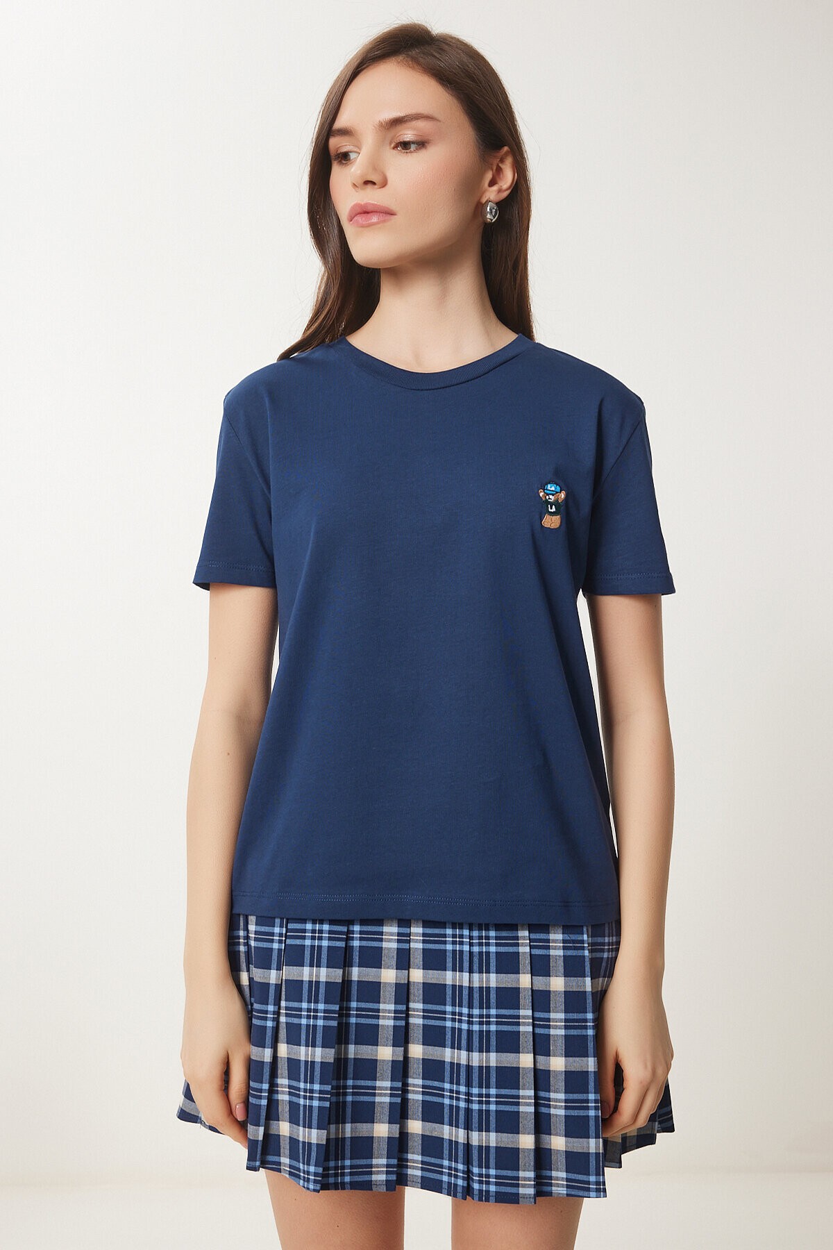 Ayıcık İşlemeli Pamuklu Örme T-shirt LACİVERT LCR0029