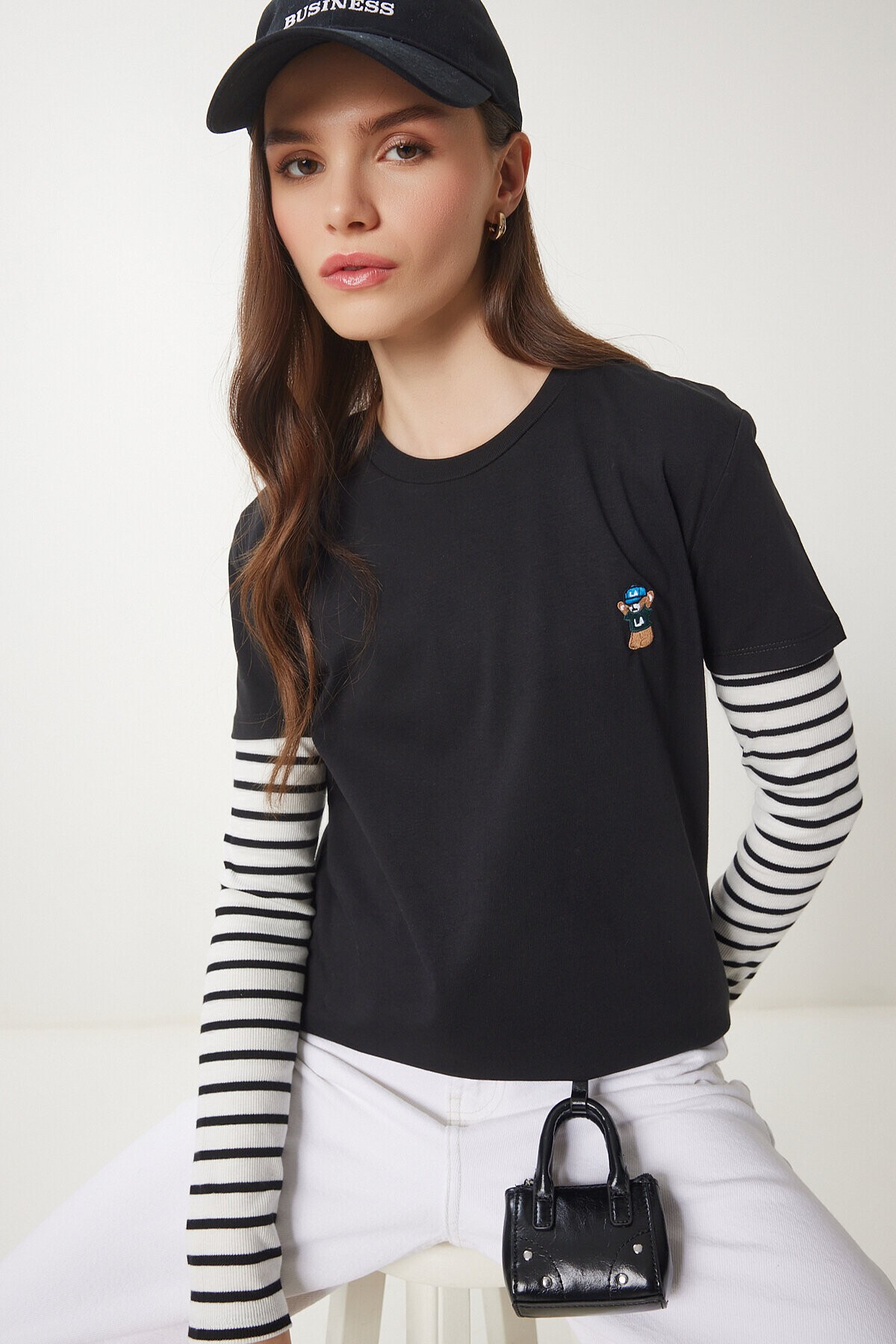 Ayıcık İşlemeli Pamuklu Örme T-shirt SİYAH LCR0029