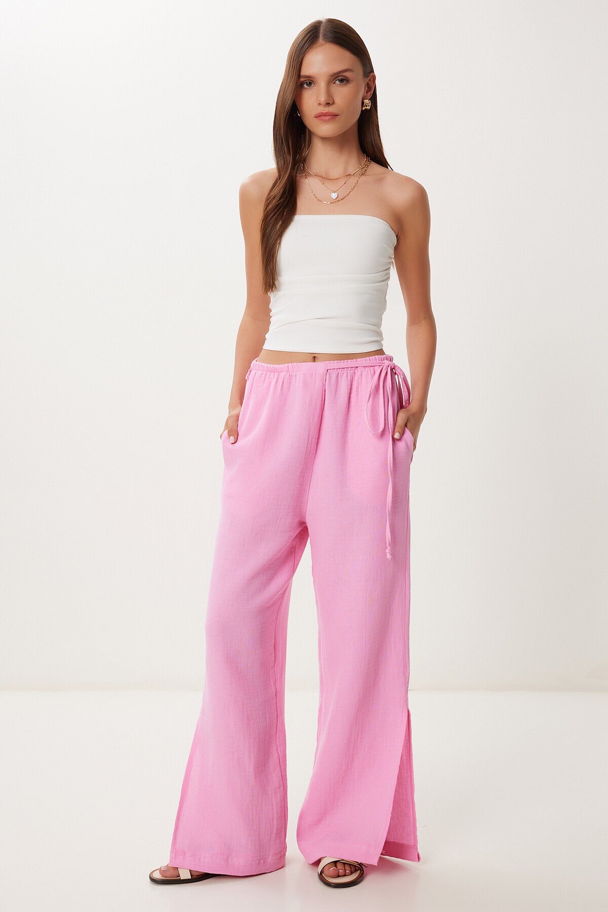 Bağlama Detaylı Yırtmaçlı Müslin Pantolon PEMBE LBV0066