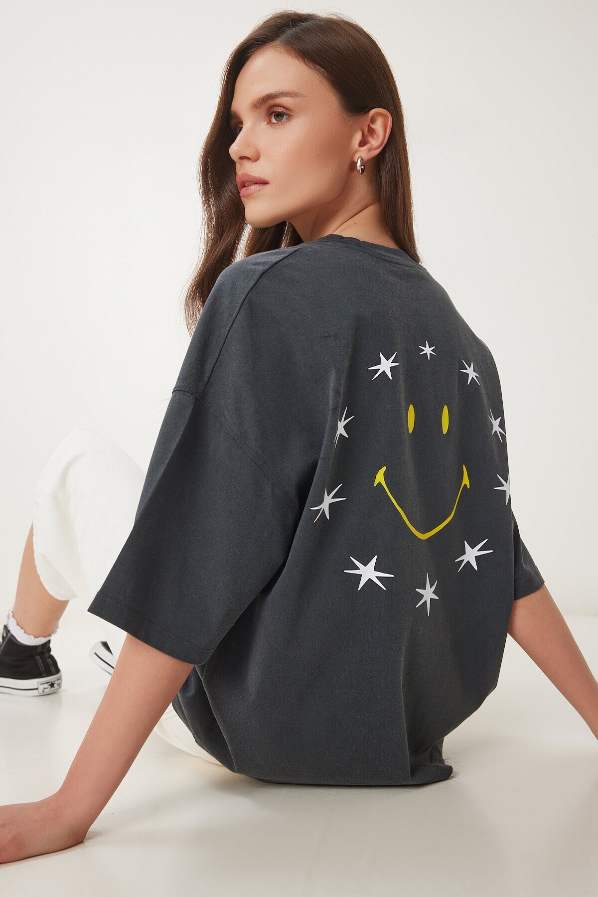 Baskılı Oversize Yıkamalı Örme T-shirt FÜME LCR0084
