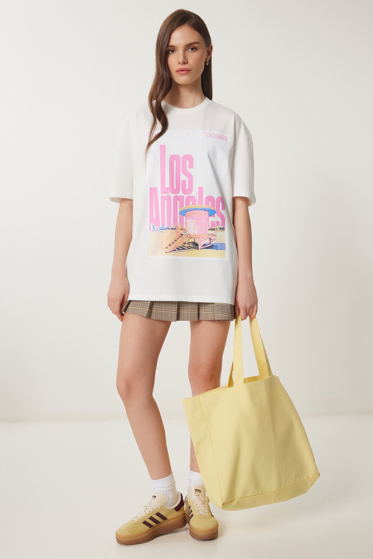 Baskılı Pamuklu Oversize Örme T-shirt EKRU LCR0021