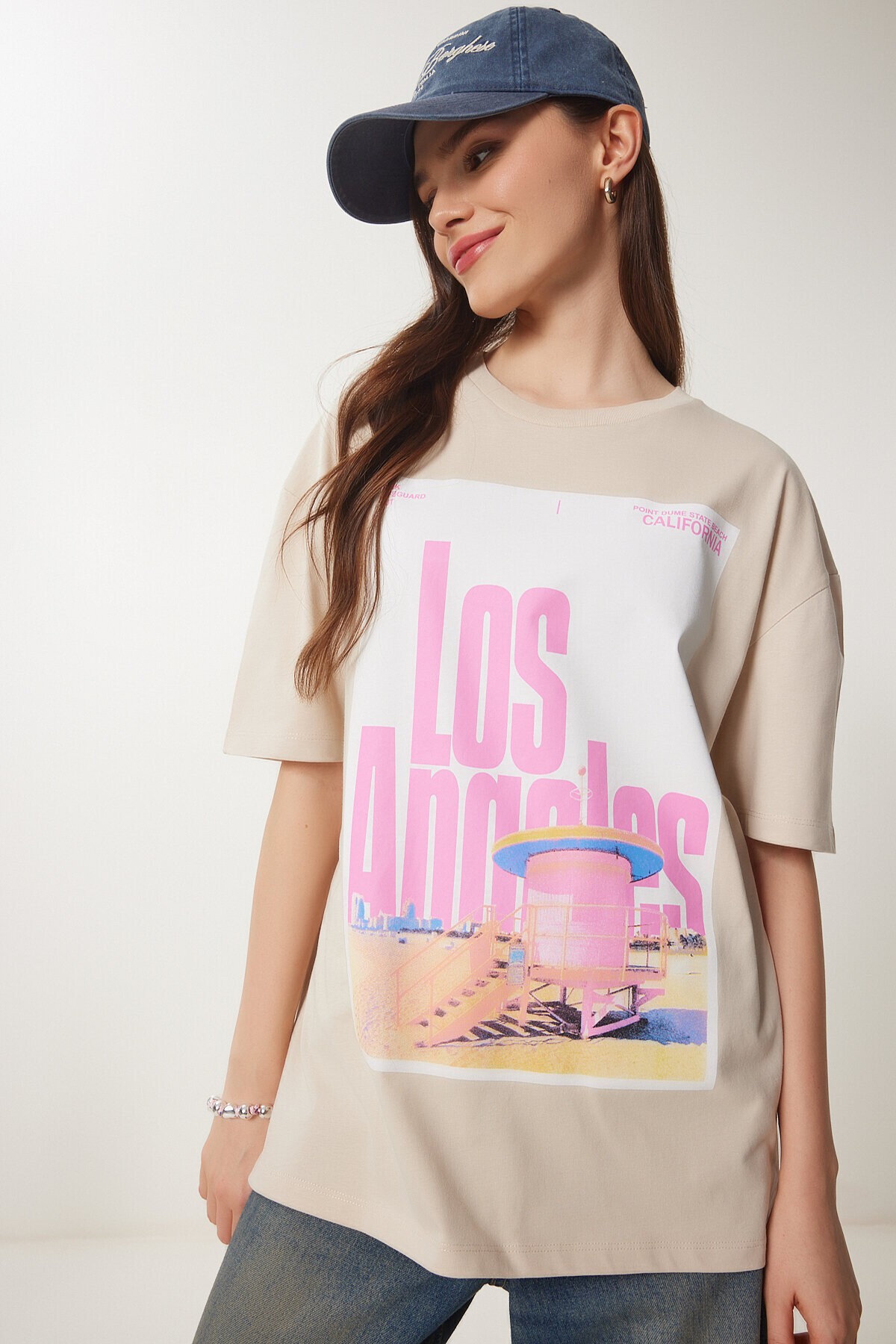 Baskılı Pamuklu Oversize Örme T-shirt KREM LCR0021