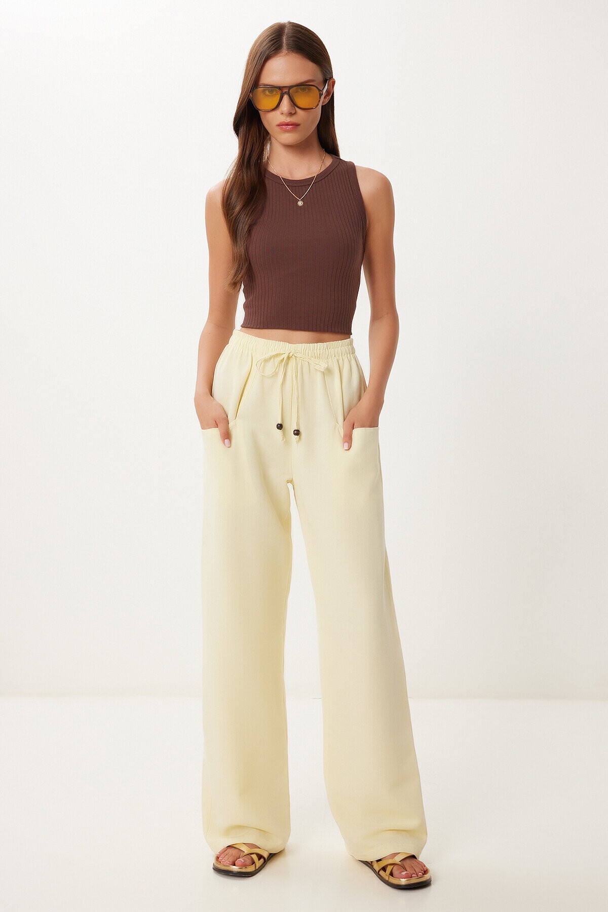Cepli Geniş Paça Keten Pantolon SARI LBV0062