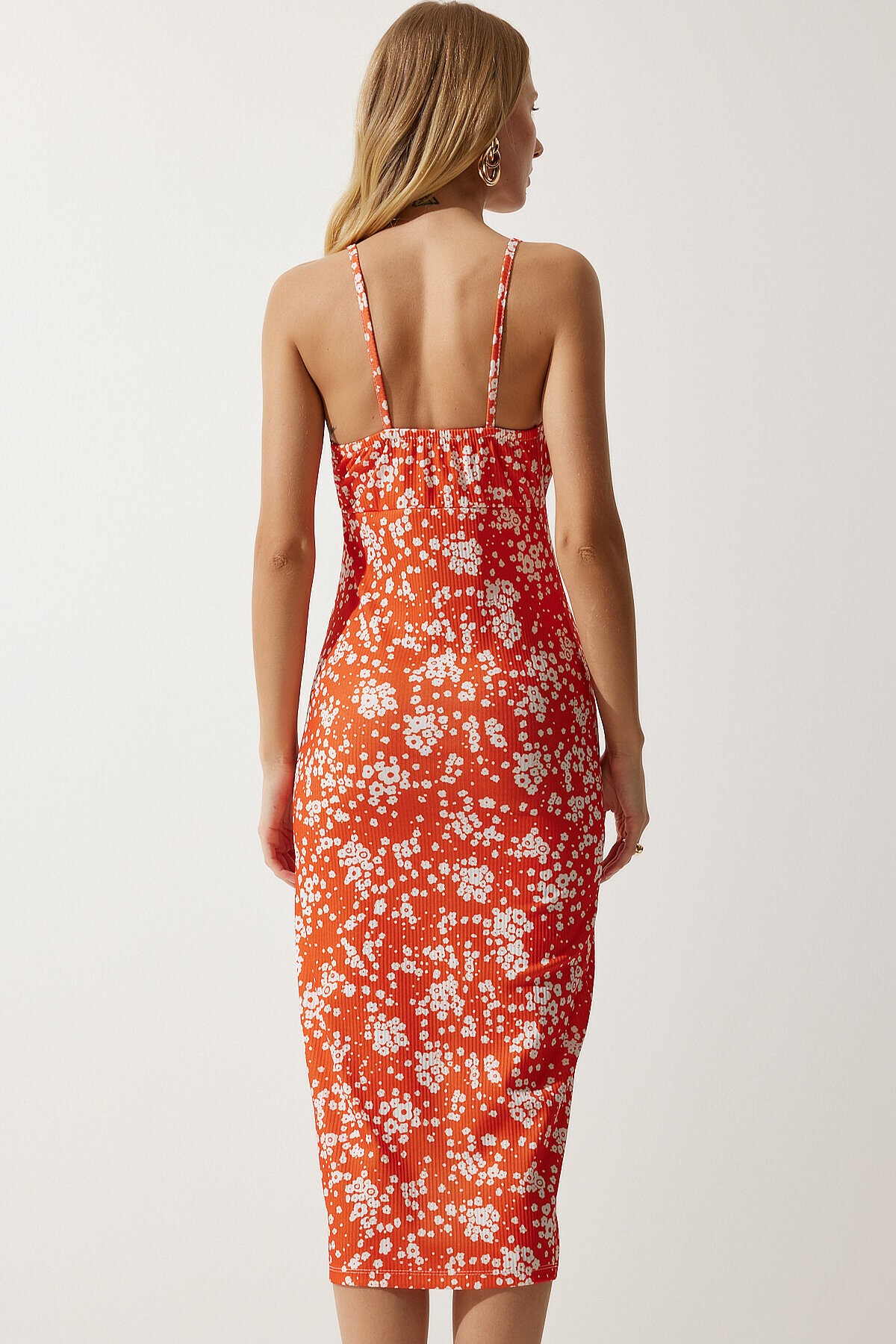 Çiçekli Desenli Yırtmaçlı Yazlık Örme Elbise CANLI ORANJ BEYAZ LCI0003