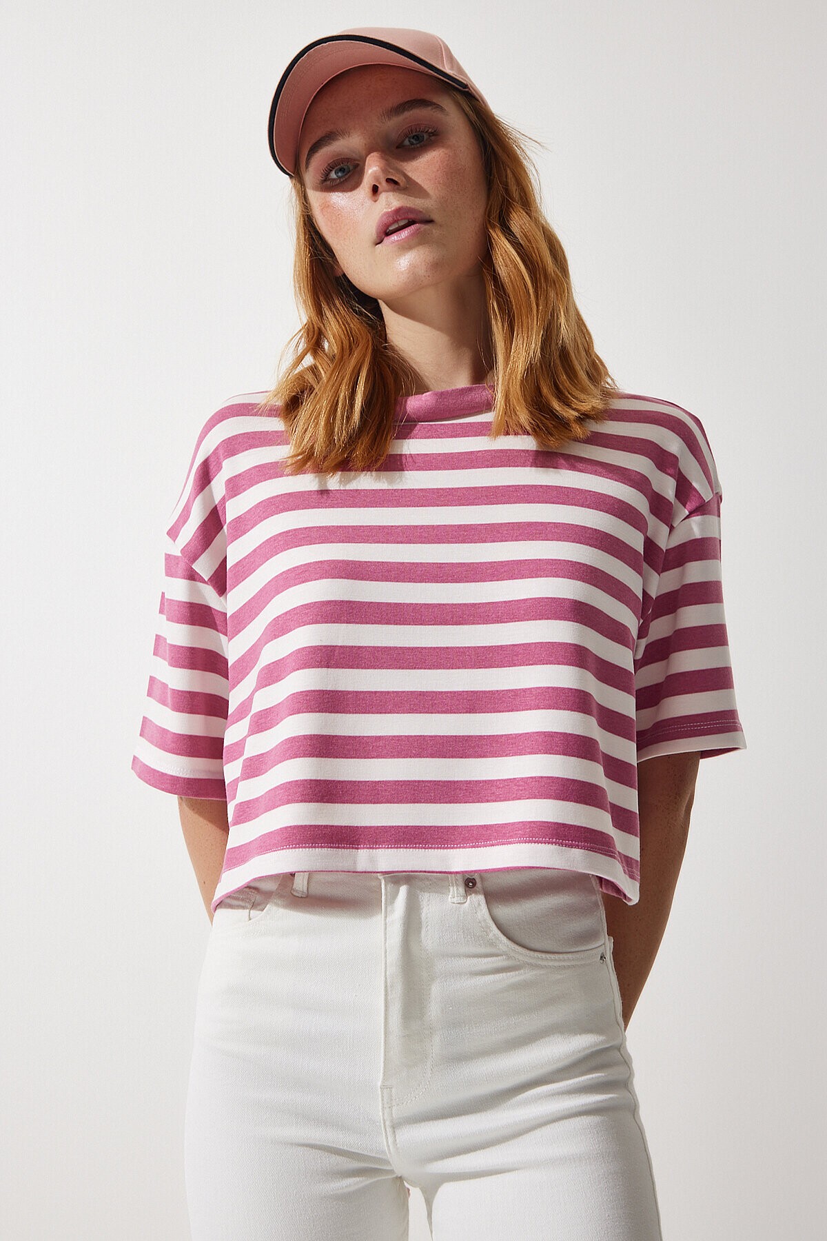 Çizgili Crop Örme T-shirt GÜL KURUSU LCR0002