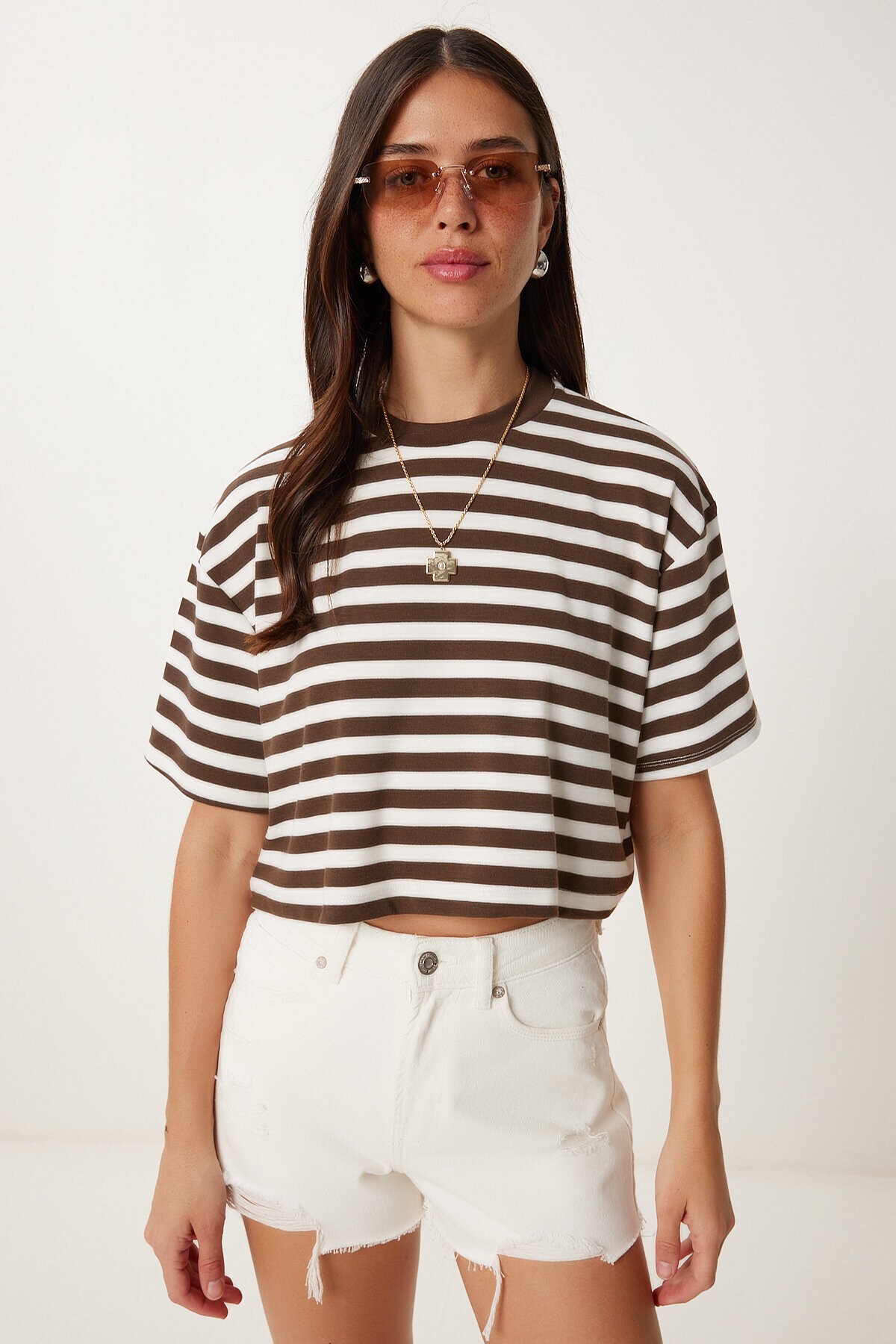Çizgili Esnek Crop Örme T-shirt KAHVERENGİ KEMİK LCR0082