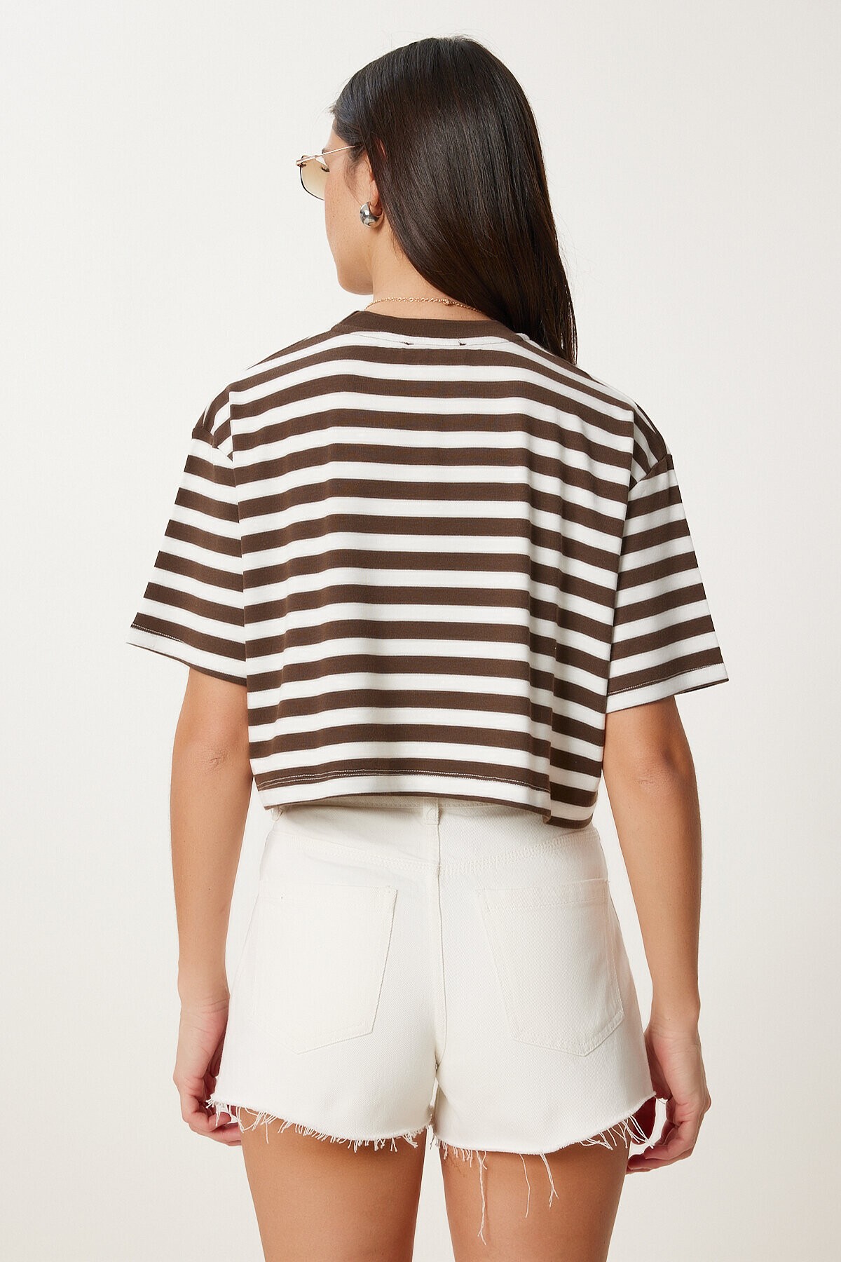 Çizgili Esnek Crop Örme T-shirt KAHVERENGİ KEMİK LCR0082