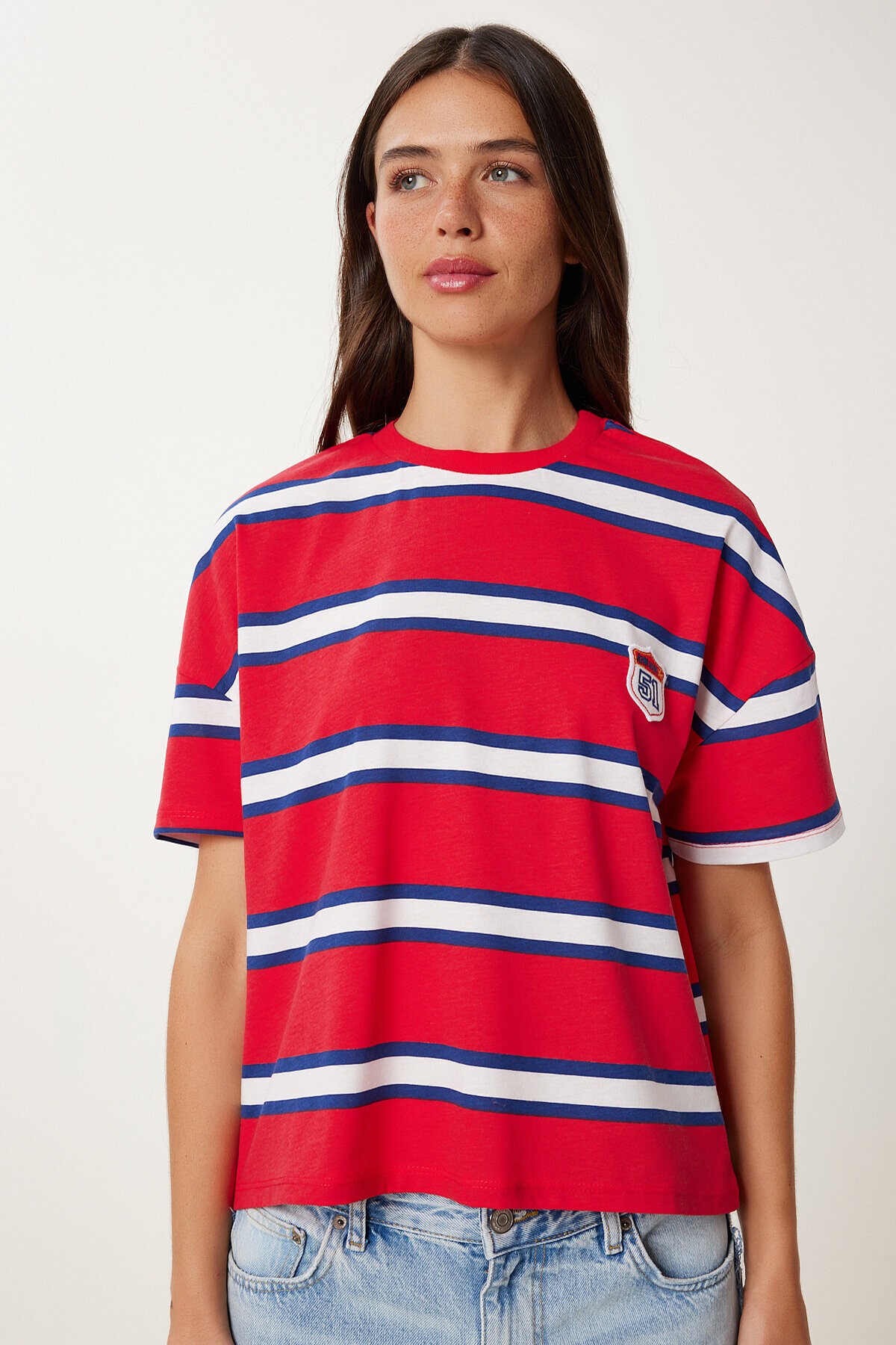 Çizgili Pamuklu Örme T-shirt KIRMIZI LCR0077