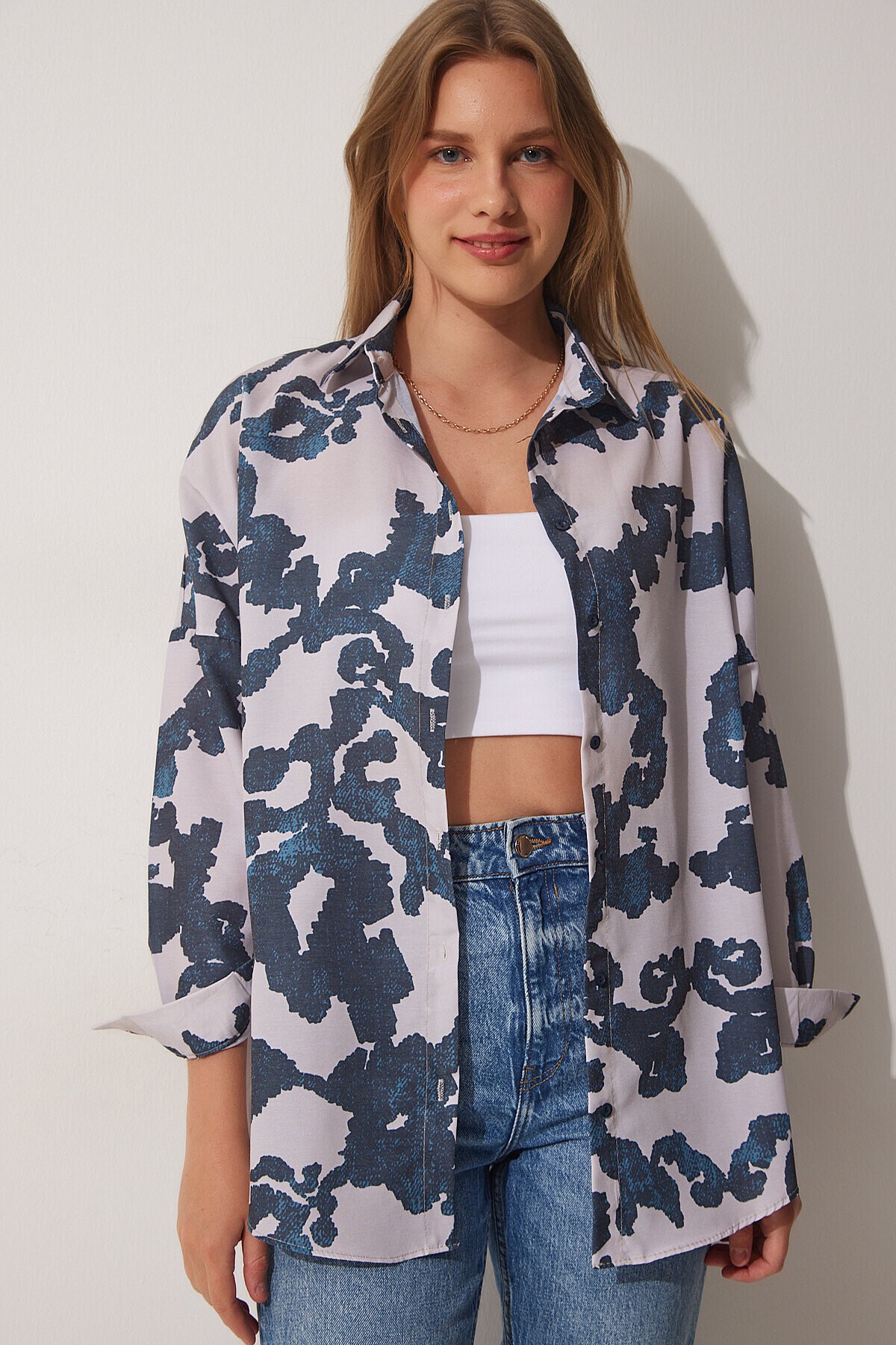 Desenli Oversize Poplin Gömlek KOYU MAVİ TAŞ LDD0074
