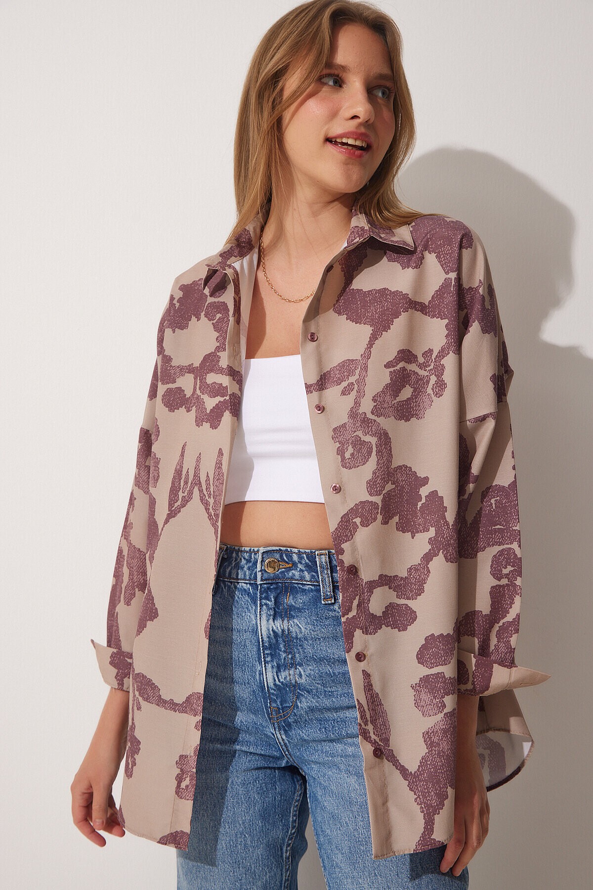 Desenli Oversize Poplin Gömlek MÜRDÜM BEJ LDD0074
