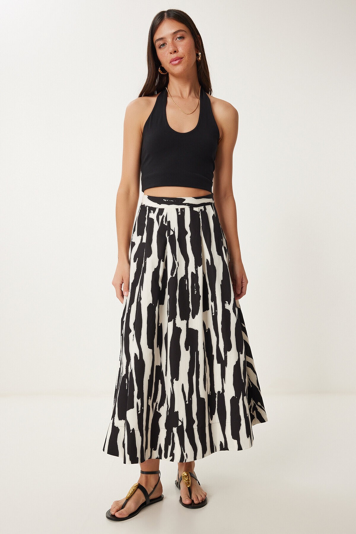 Desenli Poplin Midi Dokuma Etek SİYAH BEYAZ LCR0079