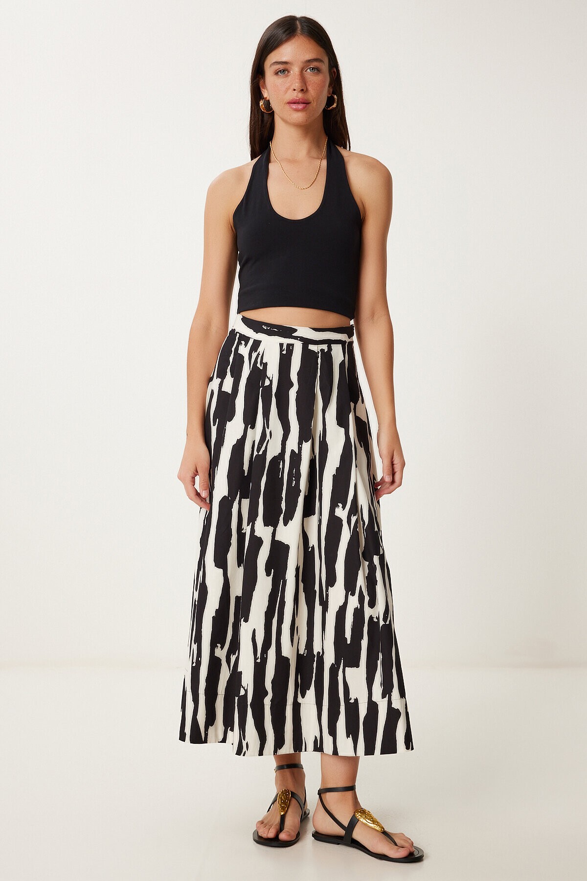 Desenli Poplin Midi Dokuma Etek SİYAH BEYAZ LCR0079