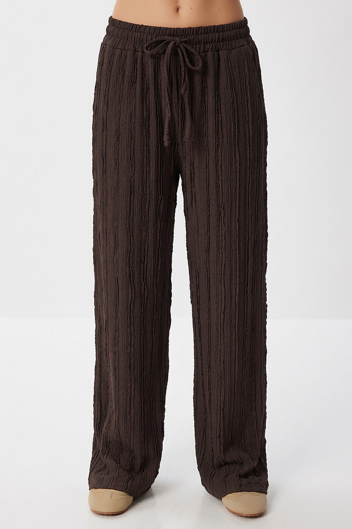 Dokulu Cepli Esnek Örme Pantolon KAHVERENGİ LCI0069