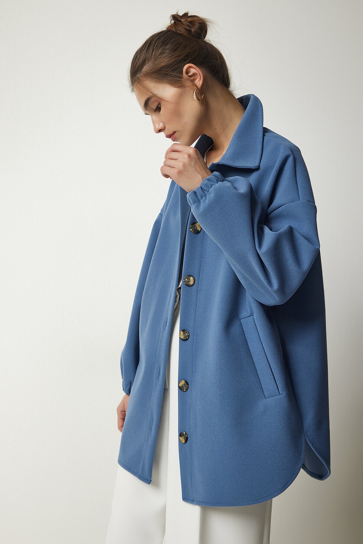 Düğmeli Cepli Oversize Gömlek Ceket İNDİGO MAVİ LDD0079