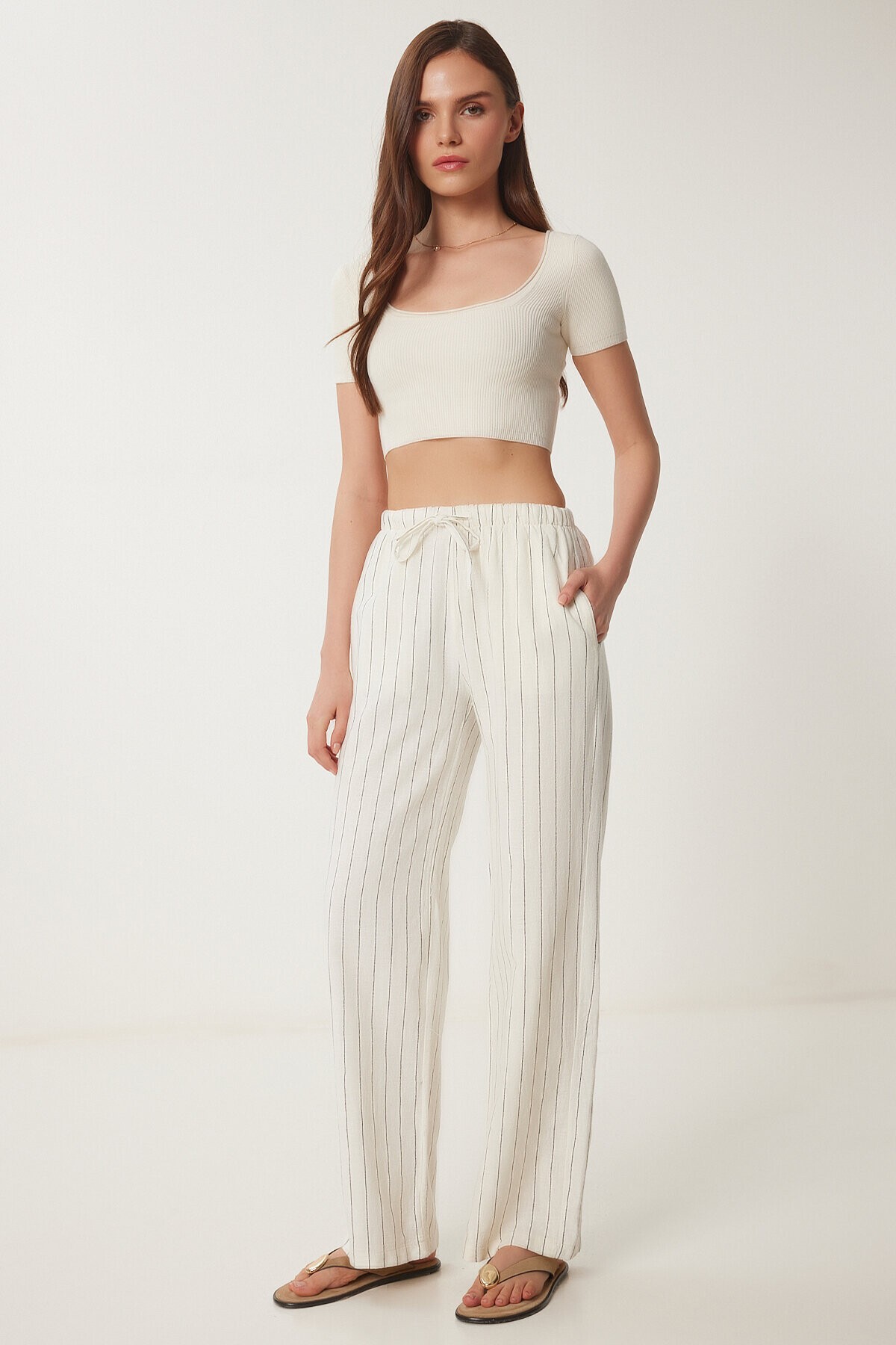 Geniş Paça Çizgili Keten Pantolon KREM LCR0058
