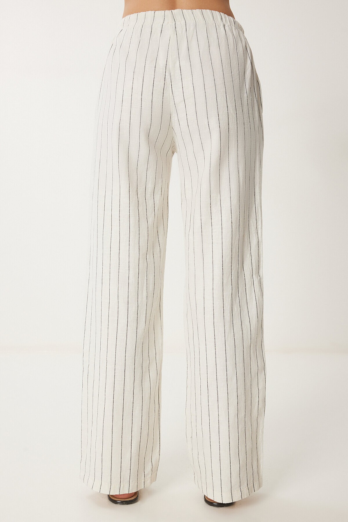 Geniş Paça Çizgili Keten Pantolon KREM LCR0058