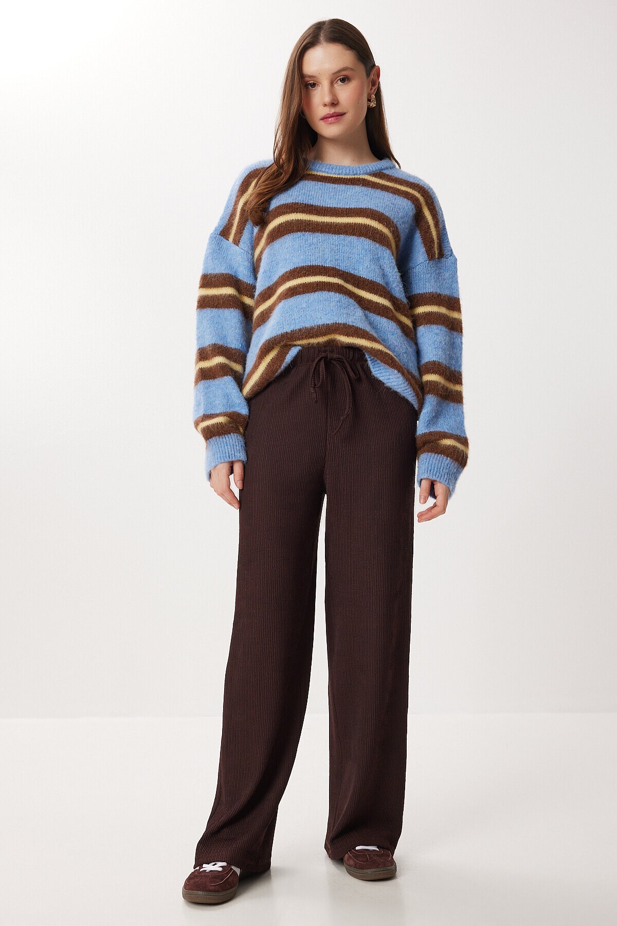 Geniş Paça Krinkıl Örme Pantolon KAHVERENGİ LCI0057