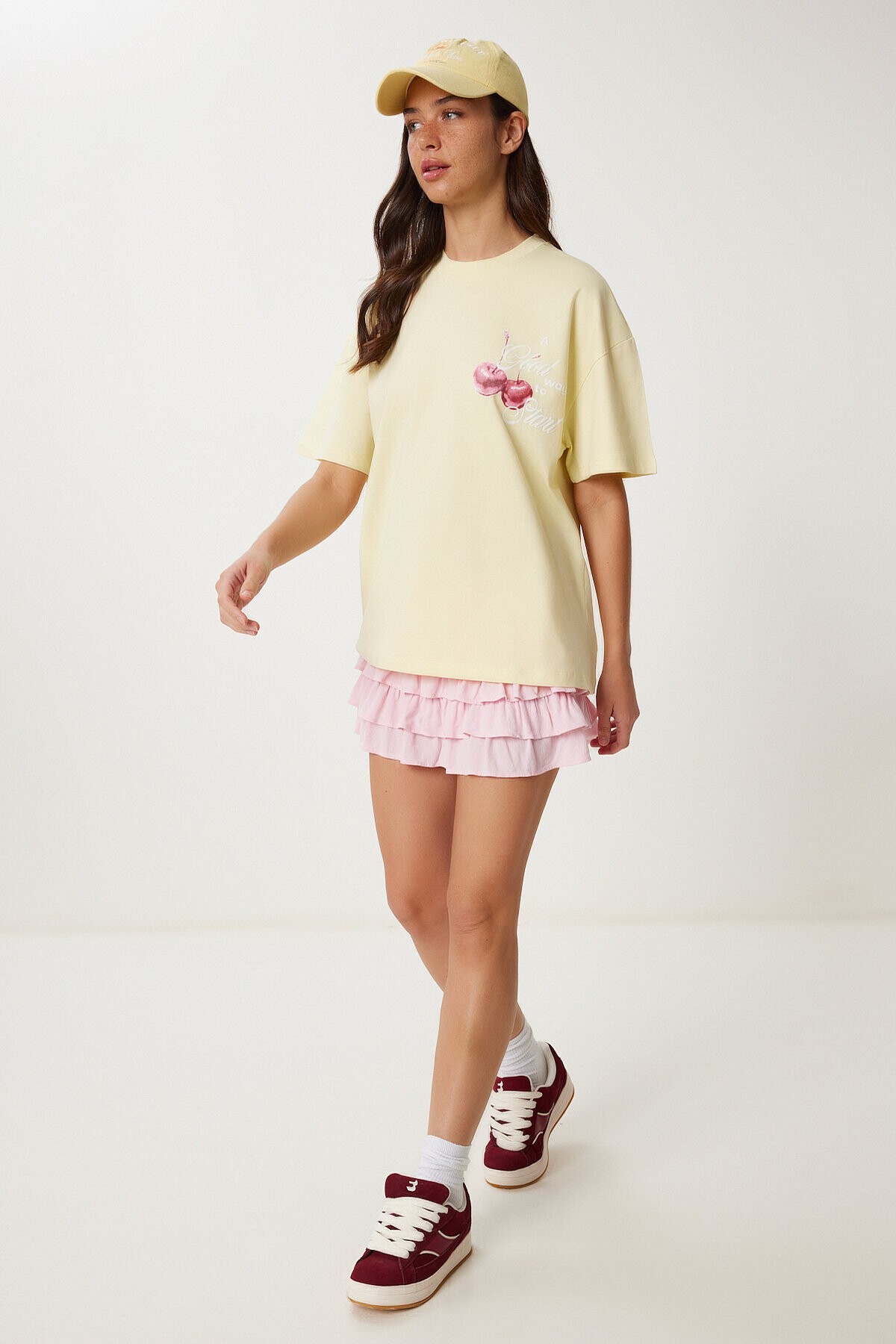 Kabartma Baskılı Örme T-shirt SARI LCR0067