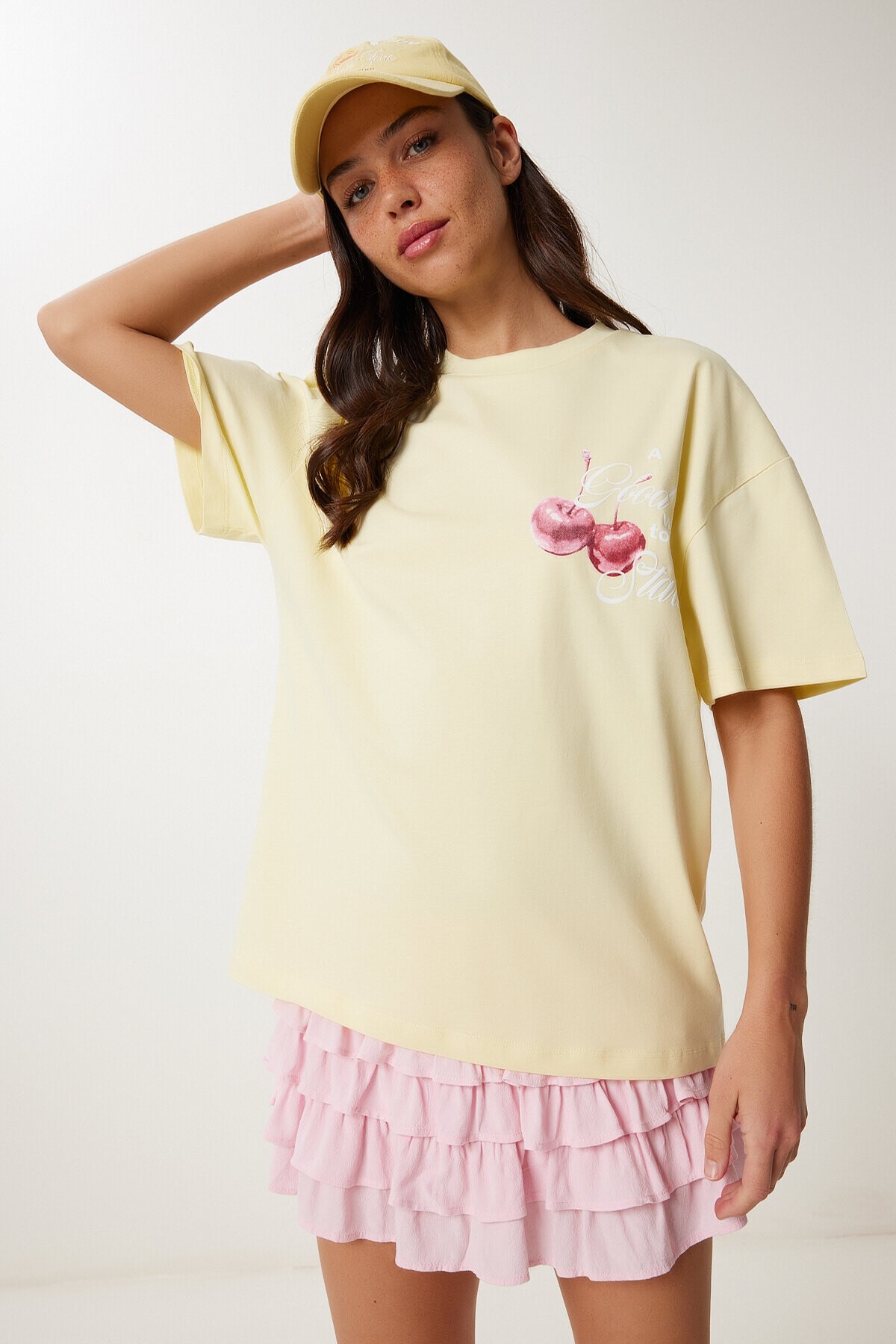 Kabartma Baskılı Örme T-shirt SARI LCR0067