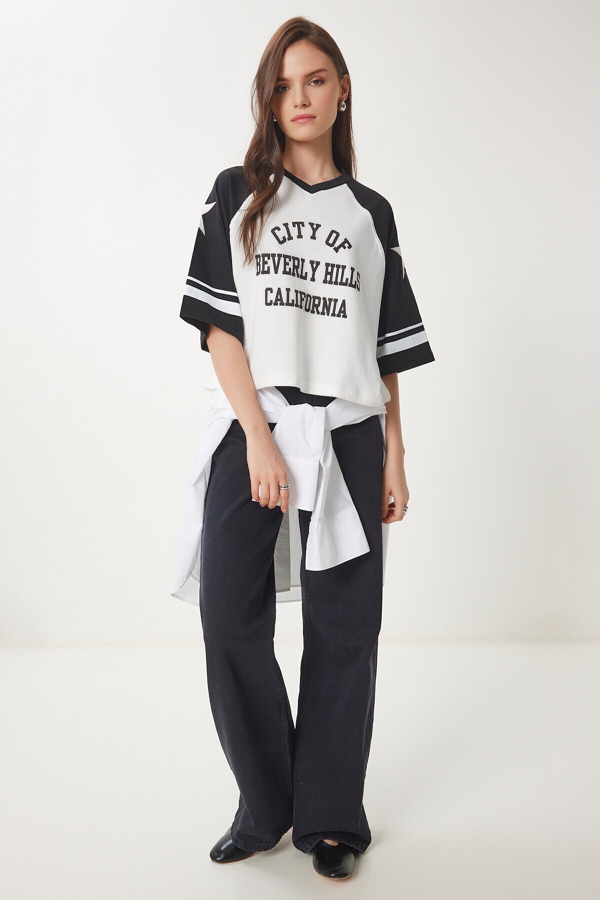 Kolej Baskılı Pamuklu Örme T-shirt SİYAH BEYAZ LCR0036