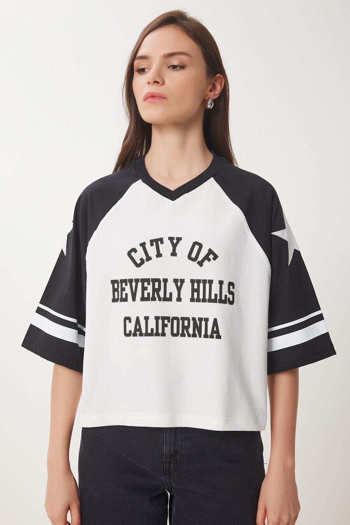 Kolej Baskılı Pamuklu Örme T-shirt SİYAH BEYAZ LCR0036