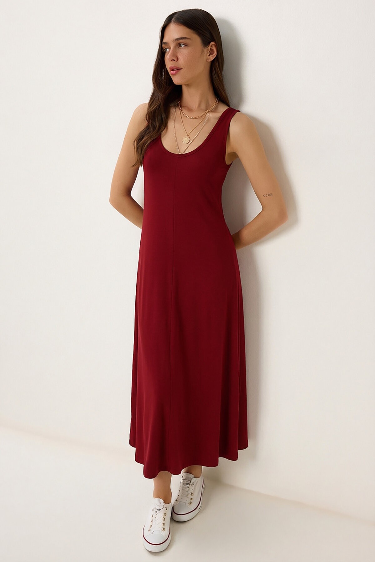 Kolsuz Basic Yazlık Örme Elbise BORDO LCR0057