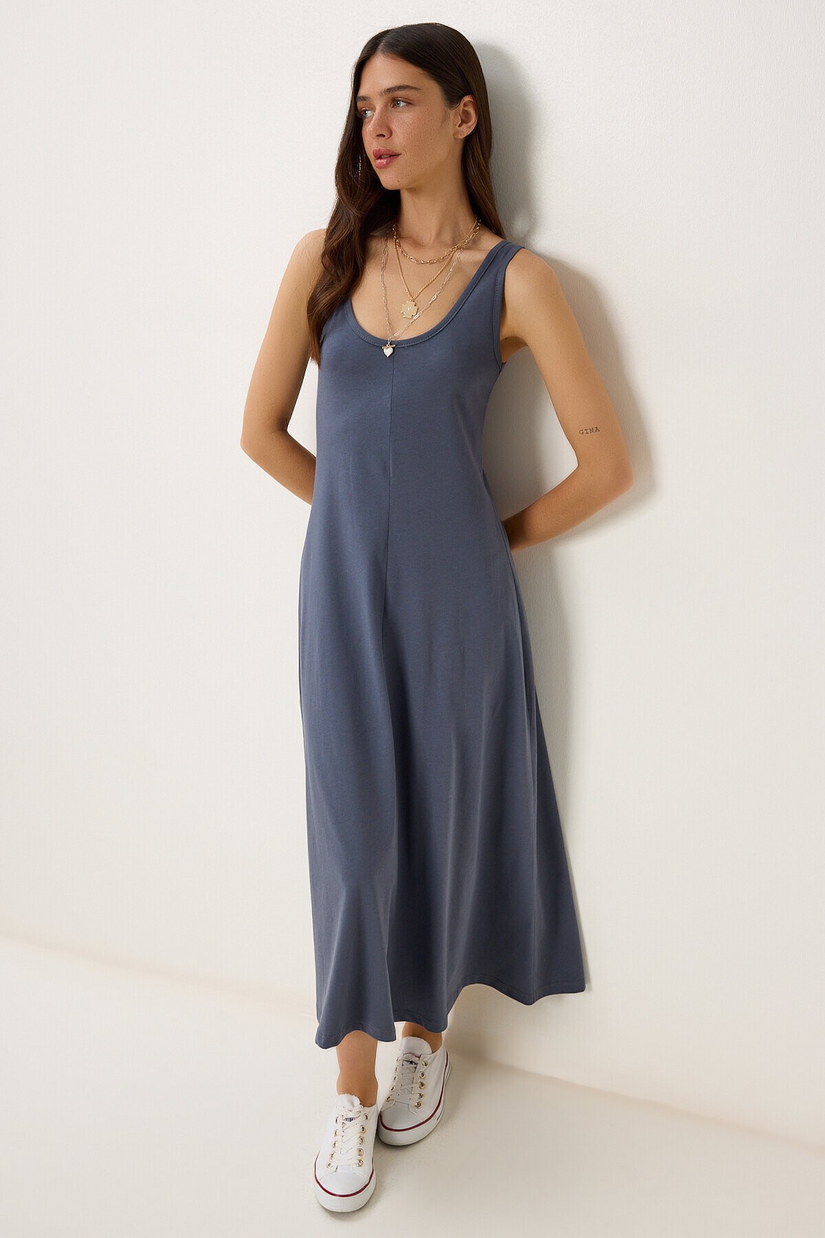 Kolsuz Basic Yazlık Örme Elbise FÜME LCR0057