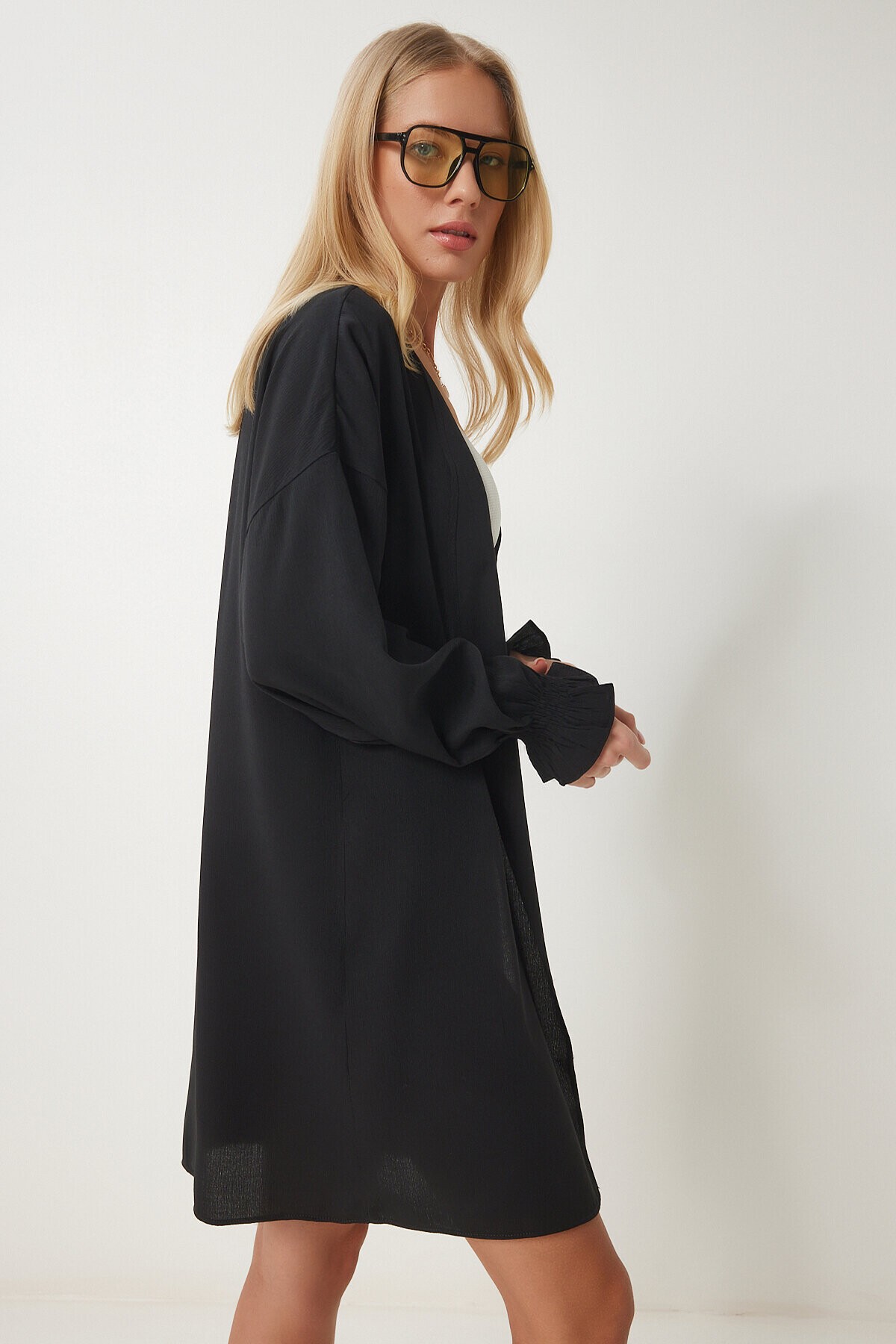 Kolu Büzgülü Krinkıl Kimono SİYAH LDD0069