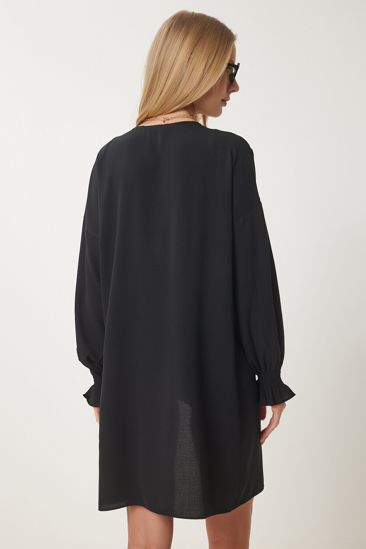 Kolu Büzgülü Krinkıl Kimono SİYAH LDD0069