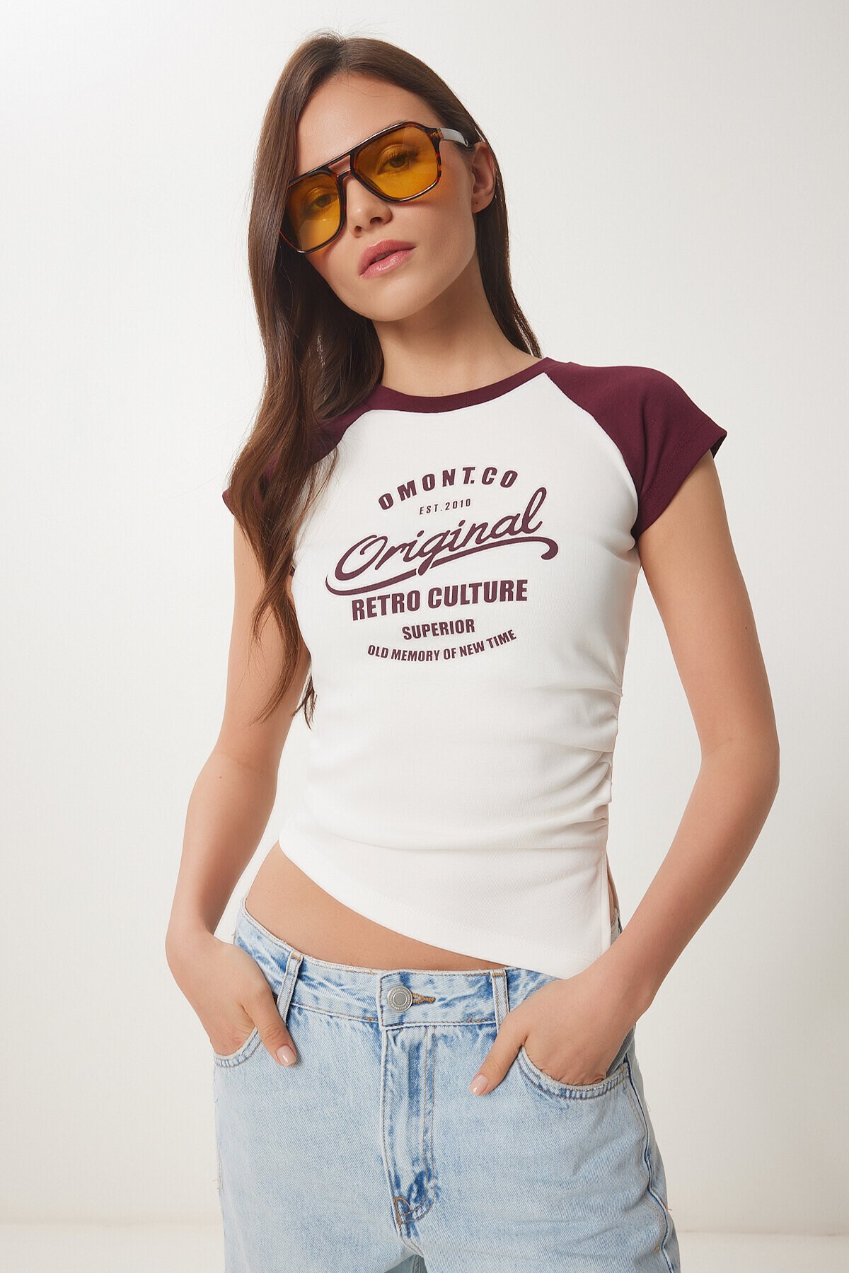Kontrast Renkli Baskılı Örme T-shirt BORDO KEMİK LCR0062