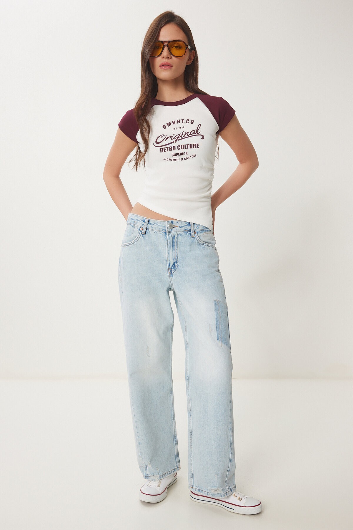 Kontrast Renkli Baskılı Örme T-shirt BORDO KEMİK LCR0062