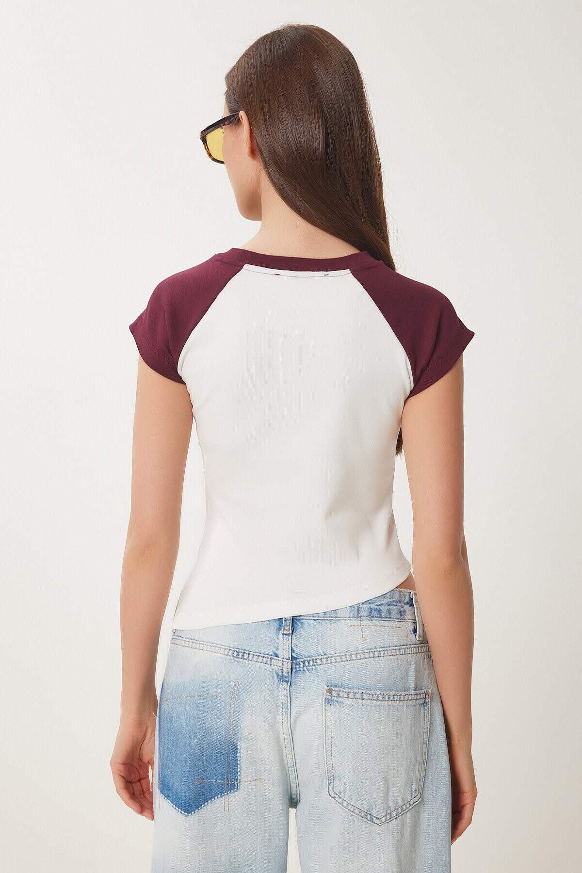 Kontrast Renkli Baskılı Örme T-shirt BORDO KEMİK LCR0062