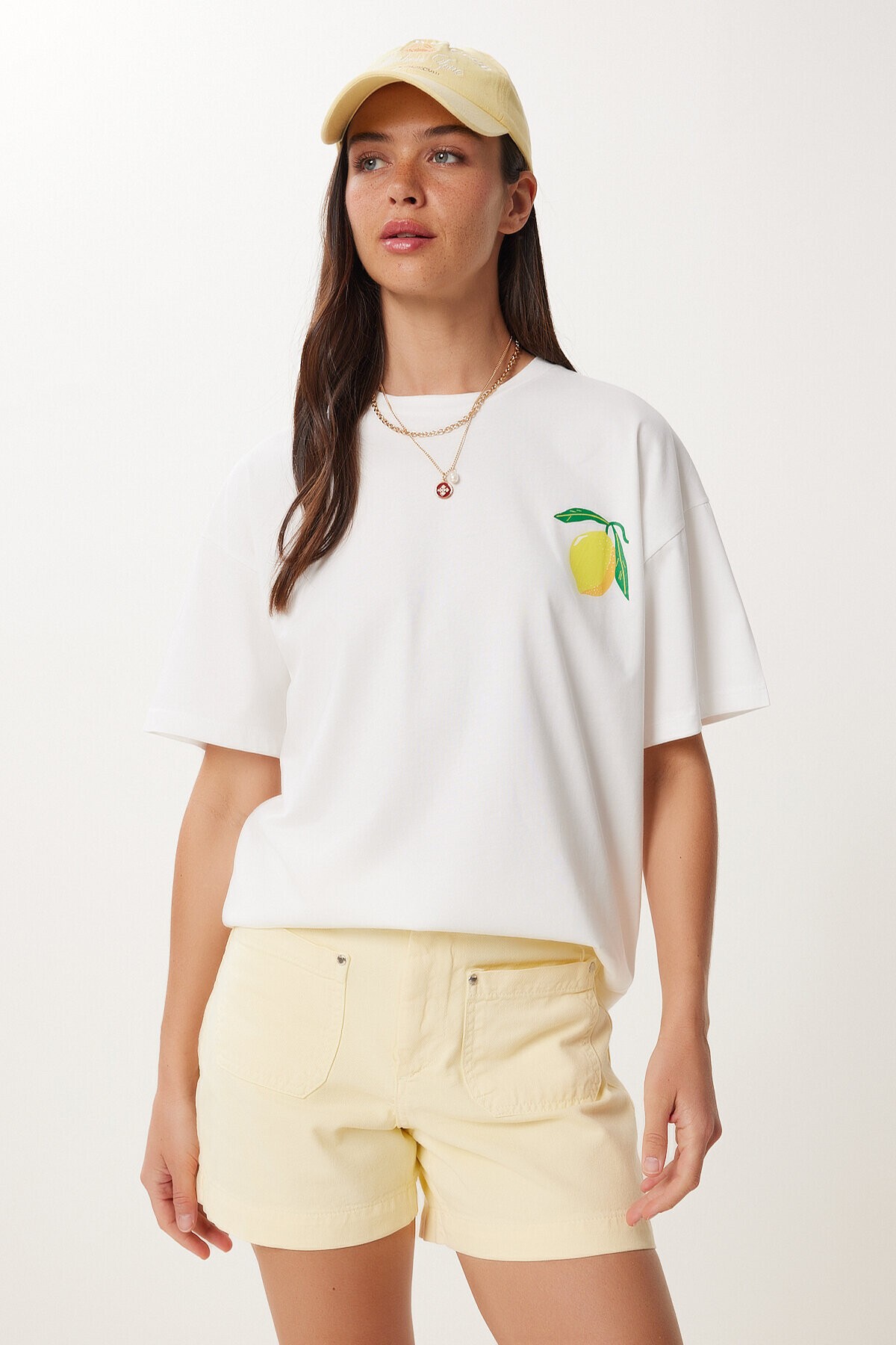 Limon Baskılı Pamuklu Örme T-shirt BEYAZ LCR0083