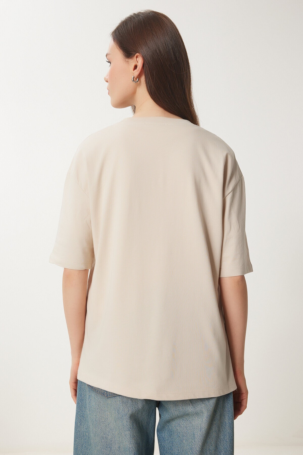 Nakışlı Pamuklu Oversize Örme T-Shirt KREM LCR0031