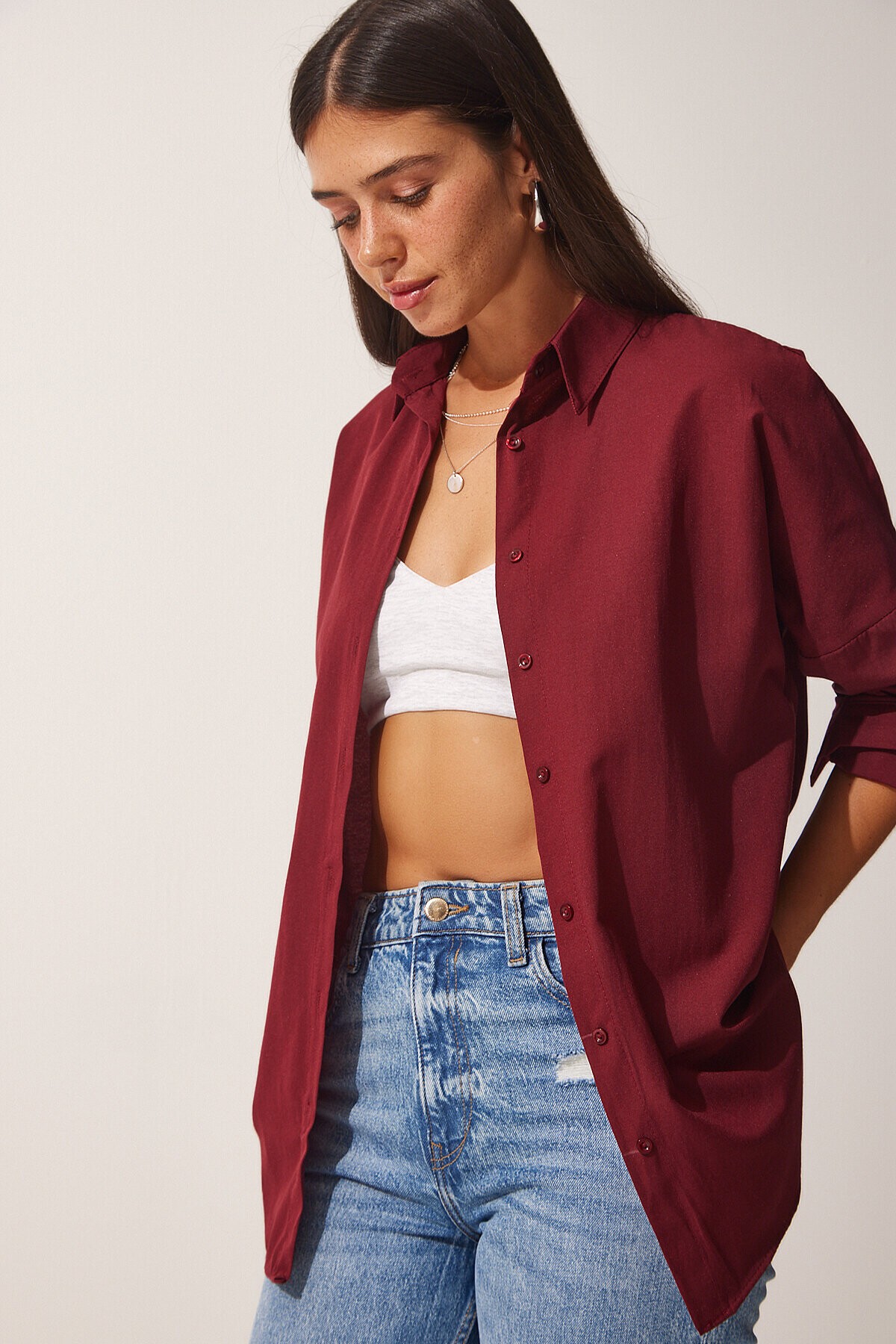 Oversize Basic Gömlek BORDO LDD0003
