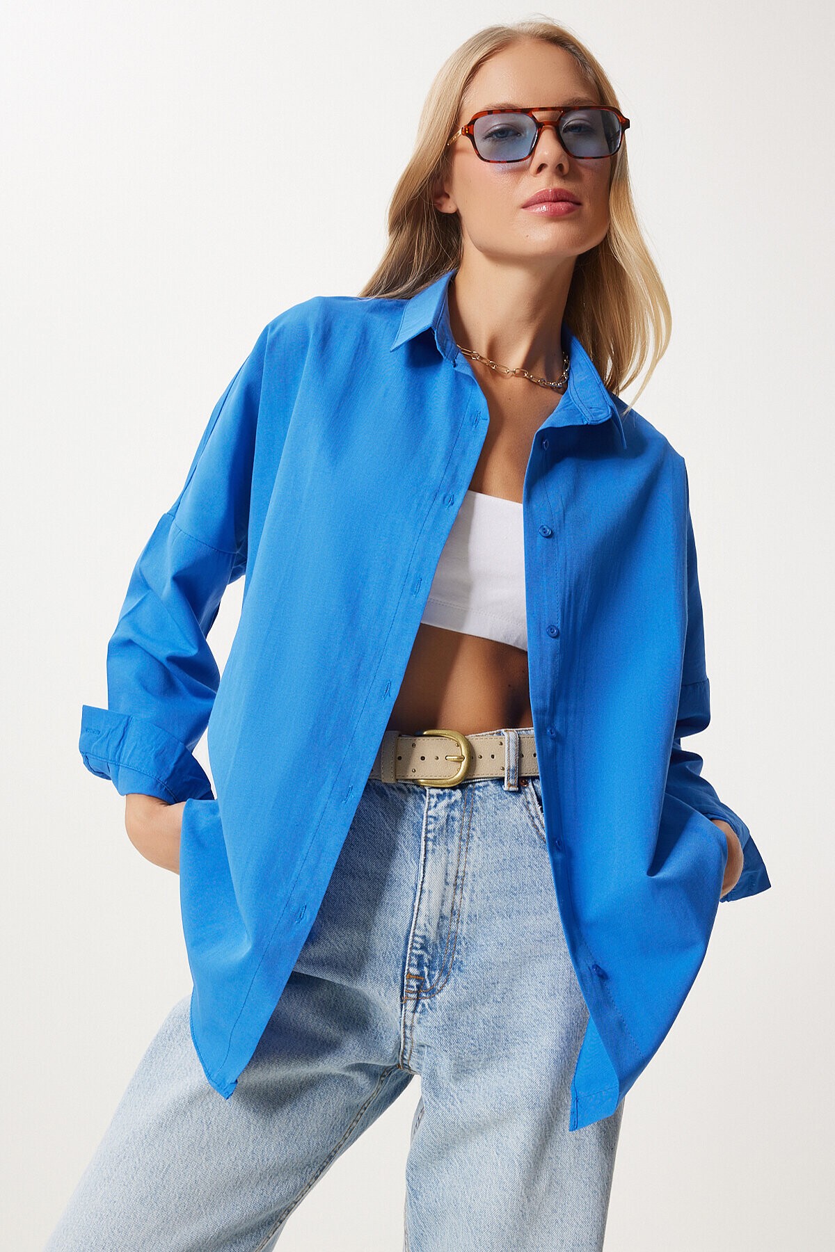 Oversize Basic Gömlek CANLI MAVİ LDD0003