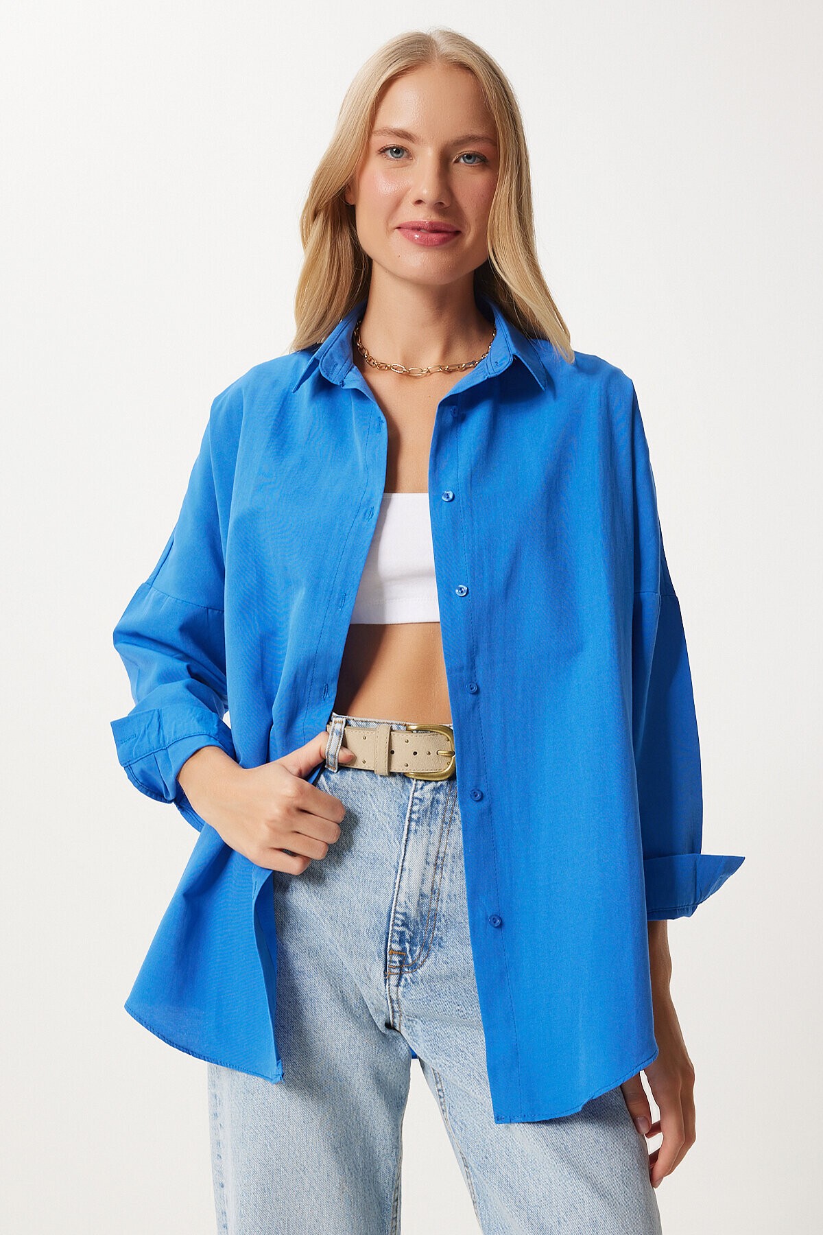 Oversize Basic Gömlek CANLI MAVİ LDD0003