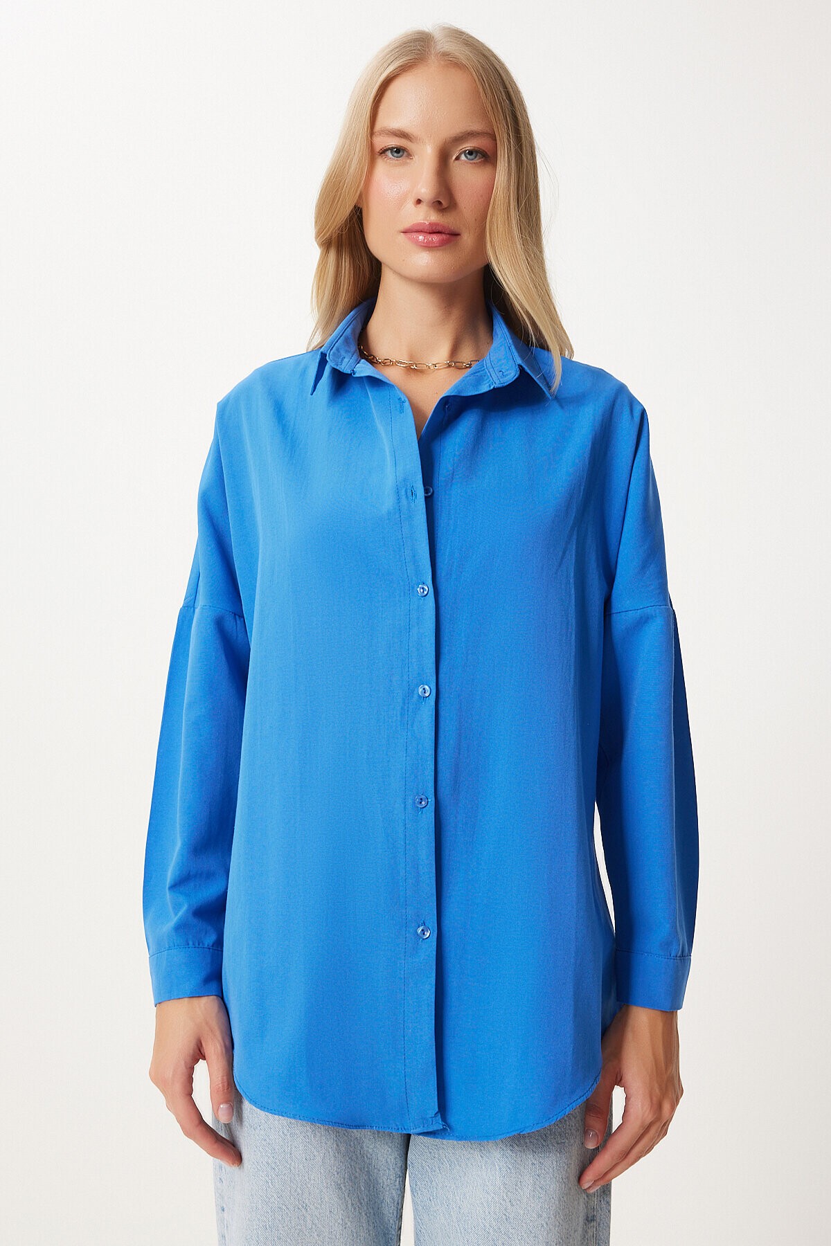 Oversize Basic Gömlek CANLI MAVİ LDD0003