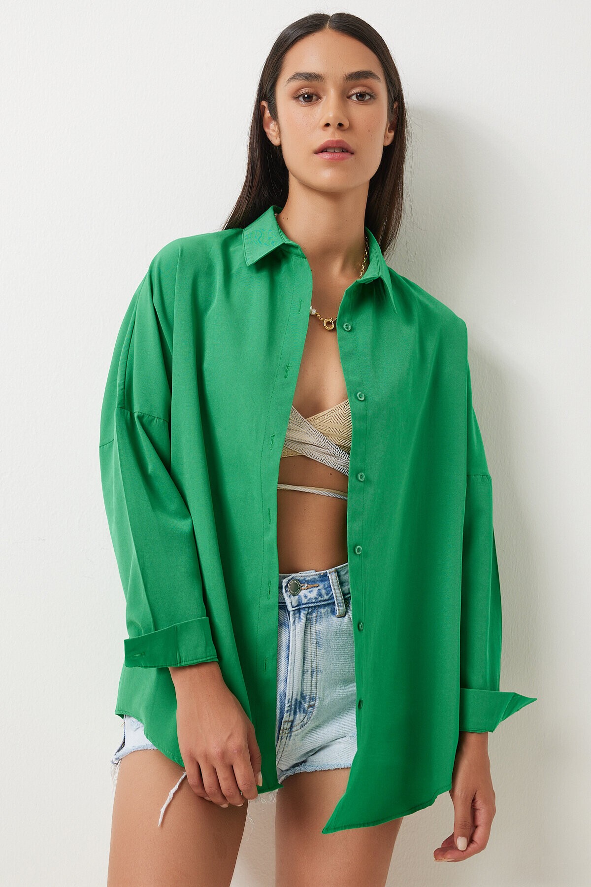Oversize Basic Gömlek CANLI YEŞİL LDD0003